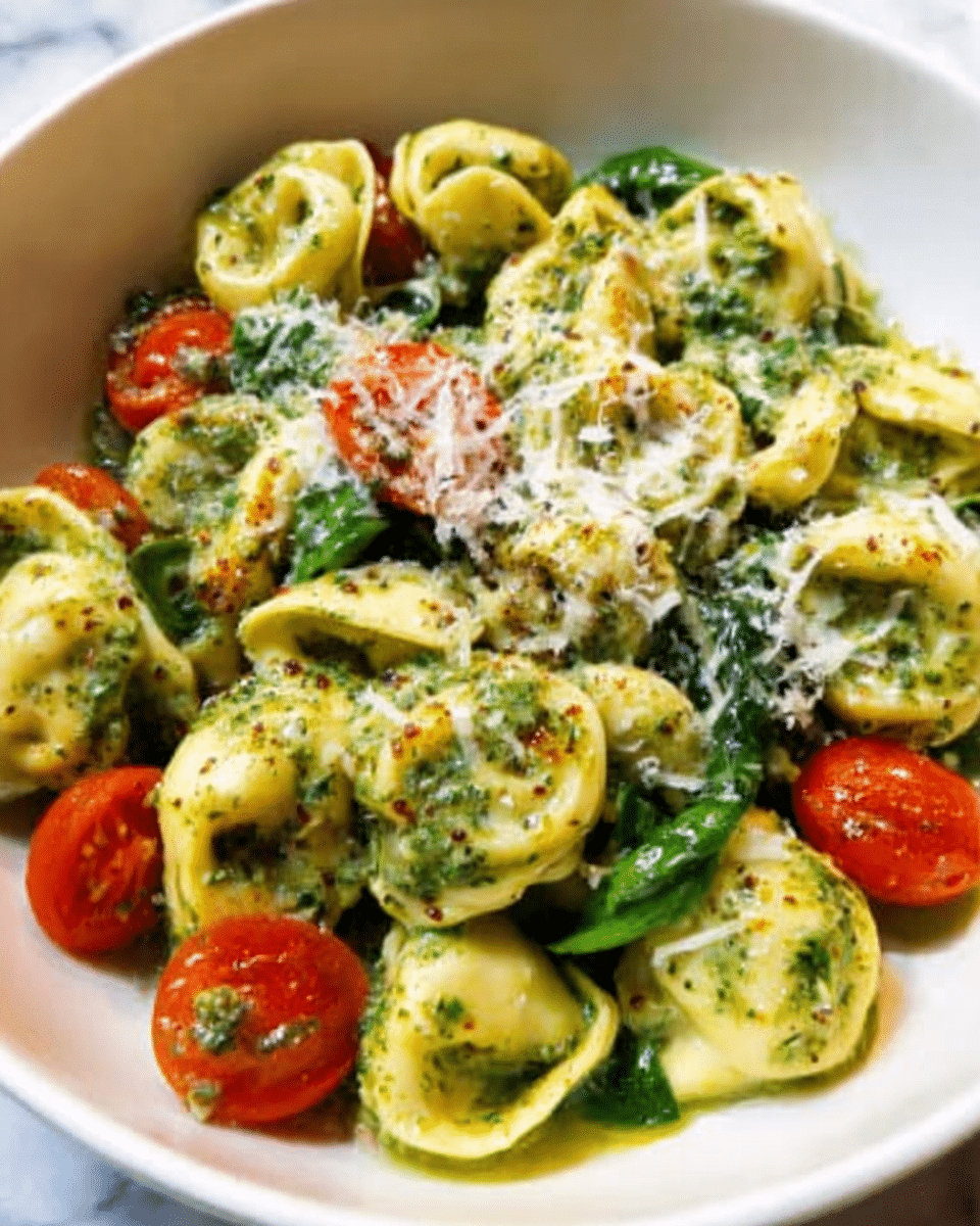 A white bowl filled with tortellini pasta, each piece stuffed and coated in a green pesto sauce mixed with fresh spinach leaves. Bright red cherry tomatoes are scattered among the tortellini, adding a pop of color. On top, there is a light sprinkle of grated cheese. The texture shows the soft pasta and slightly chunky sauce, all placed on a white marbled background. Photo taken with an iphone --ar 4:5 --v 7