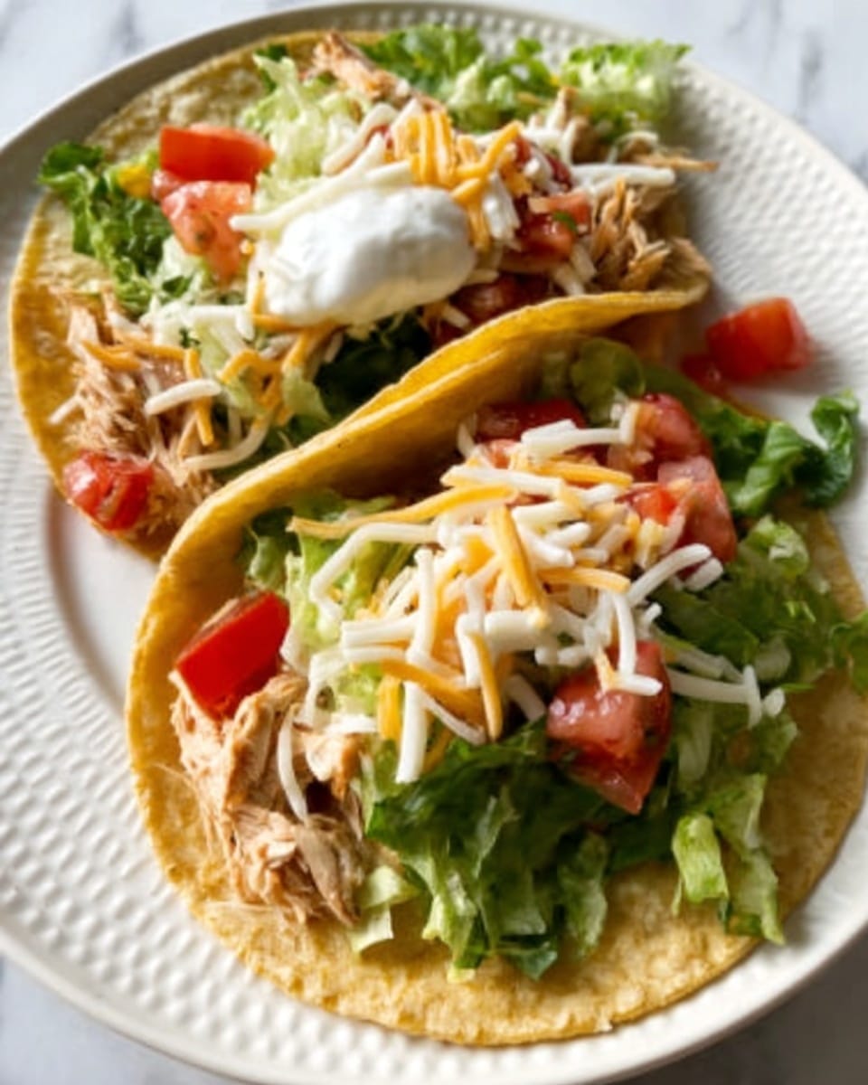 Two soft yellow corn tacos sit on a white plate on a white marbled surface. Each taco has three layers: a base of shredded light green lettuce on the bottom, topped with chopped red tomatoes and fresh green spinach leaves in the middle, and shredded white chicken layered over them. The tacos are finished with a sprinkle of shredded pale yellow cheese and a dollop of white sour cream on top. Photo taken with an iphone --ar 4:5 --v 7