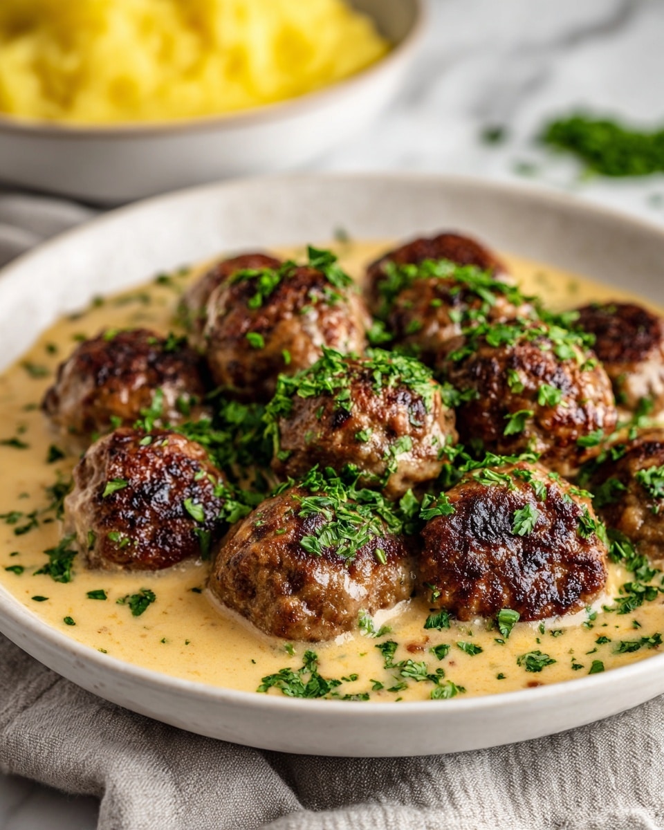A deep white bowl filled with about a dozen browned meatballs, each showing a crispy, dark golden crust on top. The meatballs rest in a thick, creamy beige sauce that has a smooth texture with small bits of herbs. Bright green chopped parsley is sprinkled generously over the meatballs and sauce, adding a fresh look. The bowl sits on a light gray cloth napkin placed on a white marbled surface, and in the blurred background, there is a white bowl with yellow mashed potatoes. photo taken with an iphone --ar 4:5 --v 7