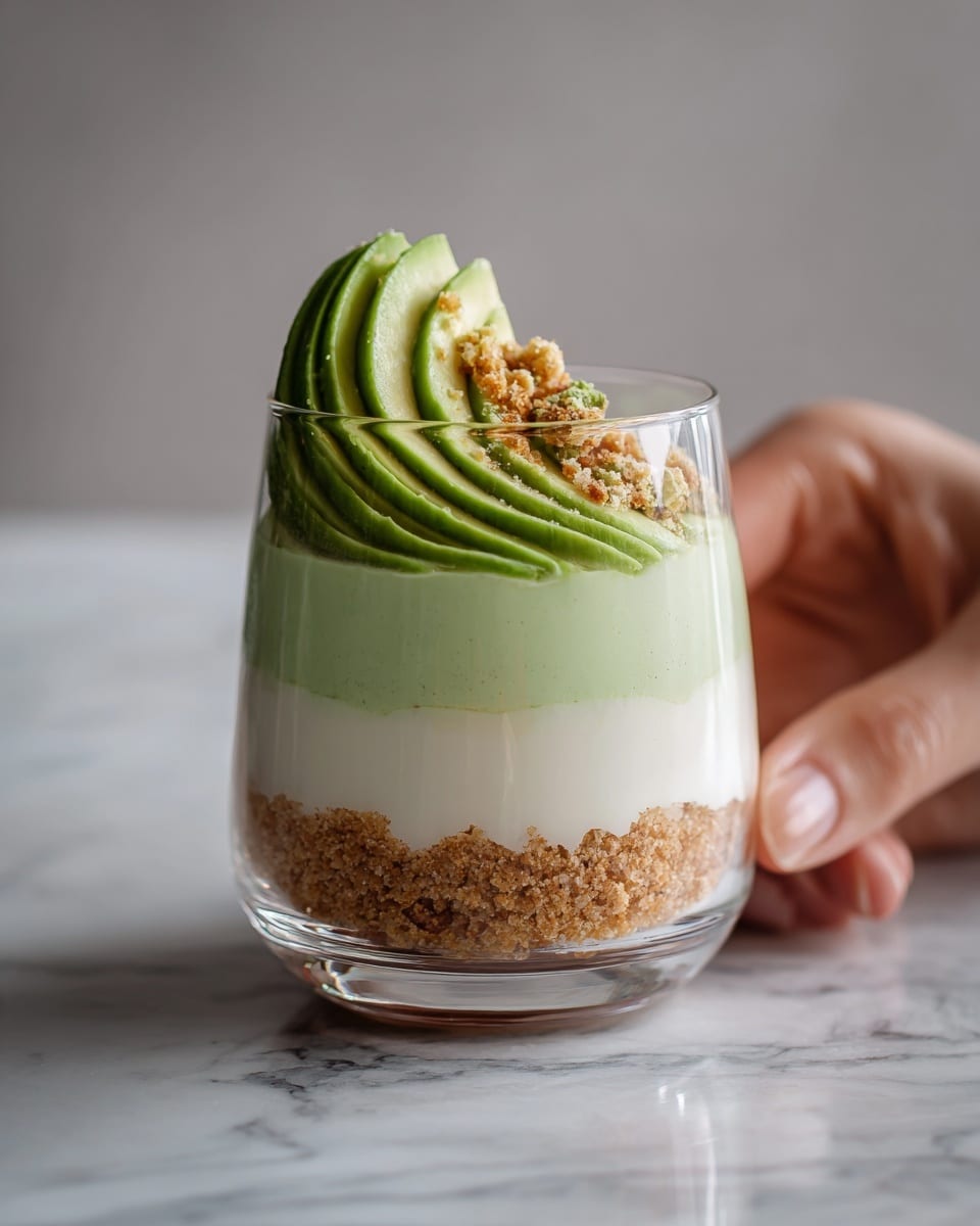 The image shows a clear glass cup with four visible layers inside. The bottom layer is a crumbly, light brown crust, followed by a thick, smooth white cream layer above it. On top of the white layer, there is a thick layer of pale green cream. The topmost layer is a sliced green avocado fanned out neatly on one side, with some crumb pieces sprinkled next to it. The glass is on a white marbled surface, and a woman's hand is gently holding the cup in the background. Photo taken with an iphone --ar 4:5 --v 7