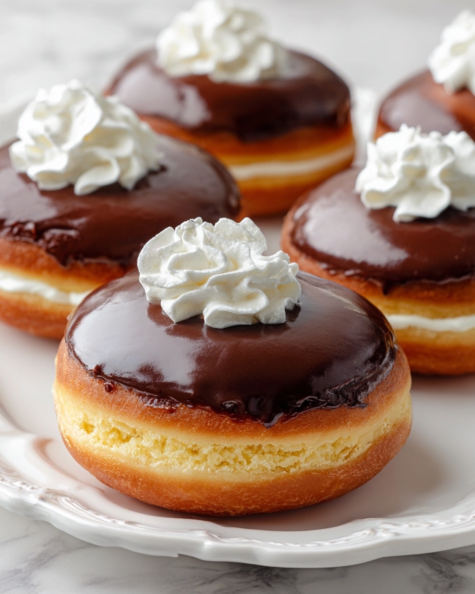 The image shows a close-up of five round doughnuts on a white plate with decorative edges, placed on a white marbled surface. Each doughnut has three visible layers: the bottom is a golden brown dough base, the middle is a thin layer of light cream or custard, and the top is covered with smooth, shiny dark chocolate icing. On the very top of each doughnut, there is a small swirl of white whipped cream, adding texture and height to the dessert. The photo is bright and clear, emphasizing the glossy chocolate and soft cream contrasting with the fluffy dough. Photo taken with an iphone --ar 4:5 --v 7