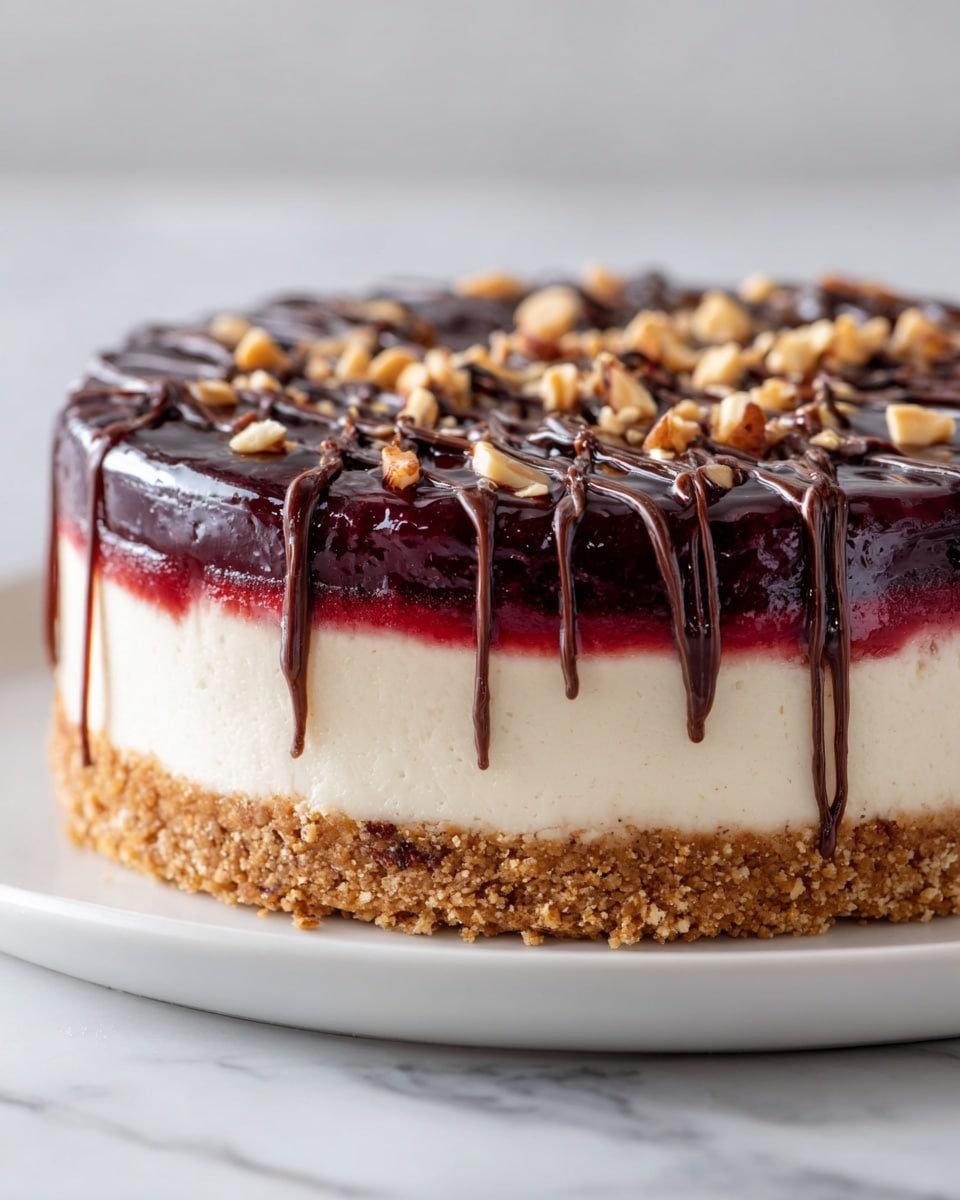 Cherry Blossom Cheesecake with Cherry Pie Filling, Chocolate Drizzle, and Crunchy Nuts Recipe