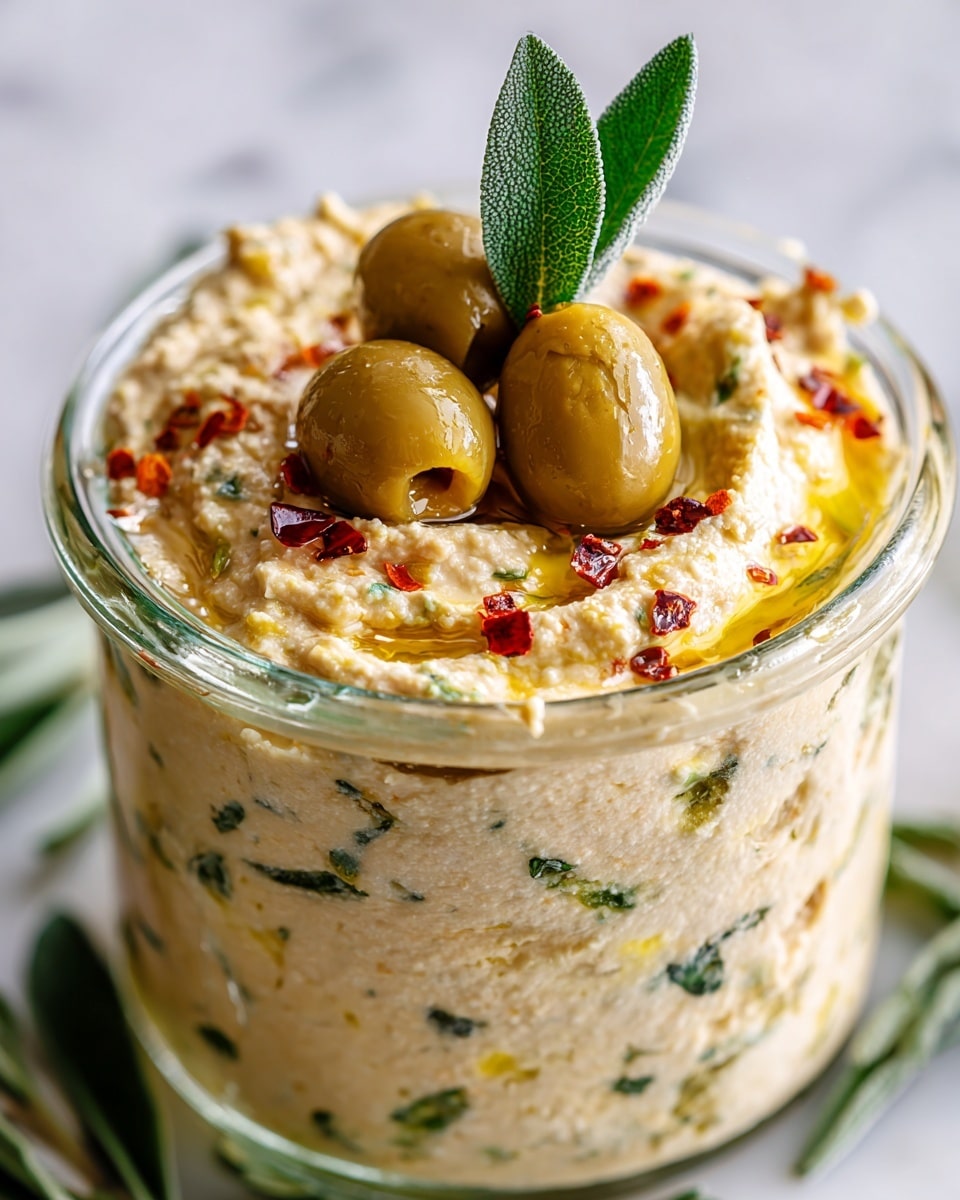 The image shows a close-up of a creamy white dip inside a clear glass jar, filled to the top with a textured surface of smooth, swirled hummus. The top layer of the hummus is decorated with three shiny green olives sitting in the center, surrounded by a drizzle of golden olive oil and small bits of red chili flakes. There are some small green herb bits mixed throughout the dip, visible against the creamy base. The jar sits on a white marbled surface, with a blurred soft background showing hints of green. Photo taken with an iphone --ar 4:5 --v 7