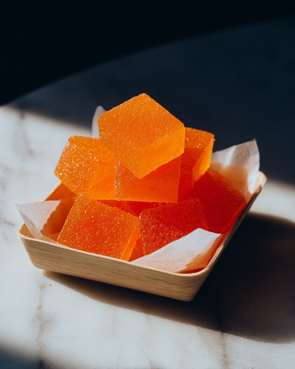 A small wooden tray lined with white parchment paper holds a neat pile of bright orange rectangular jelly candies, each with a fine sugar coating giving a slightly textured surface that catches the light. The candies are stacked in three layers, with the bottom layer mostly hidden, the middle layer showing several blocks side by side, and the top layer featuring a few blocks leaning against each other. The tray sits on a white marbled surface with sunlight casting soft shadows and highlighting the glossy, slightly translucent nature of the candies. Photo taken with an iphone --ar 4:5 --v 7