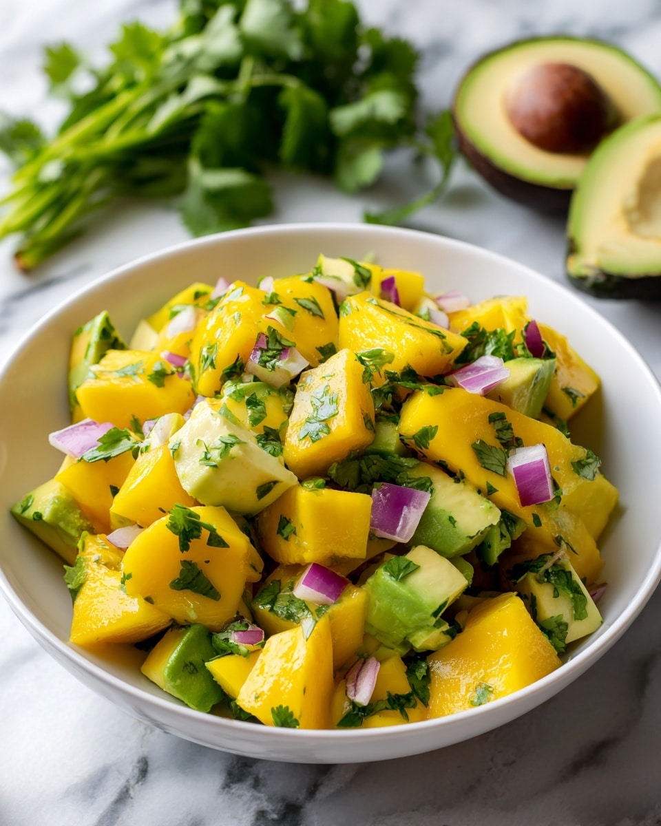 A close-up of a white bowl filled with a fresh salad that has two main layers: bright yellow mango cubes and light green avocado chunks mixed with chopped green cilantro leaves and small pieces of red onion scattered throughout. The mango pieces are smooth and shiny, giving a juicy, ripe look, while the avocado pieces show a creamier texture. In the background on a white marbled surface, there are two avocado halves, one with the seed and one without, and some green cilantro leaves slightly blurred behind the bowl. photo taken with an iphone --ar 4:5 --v 7