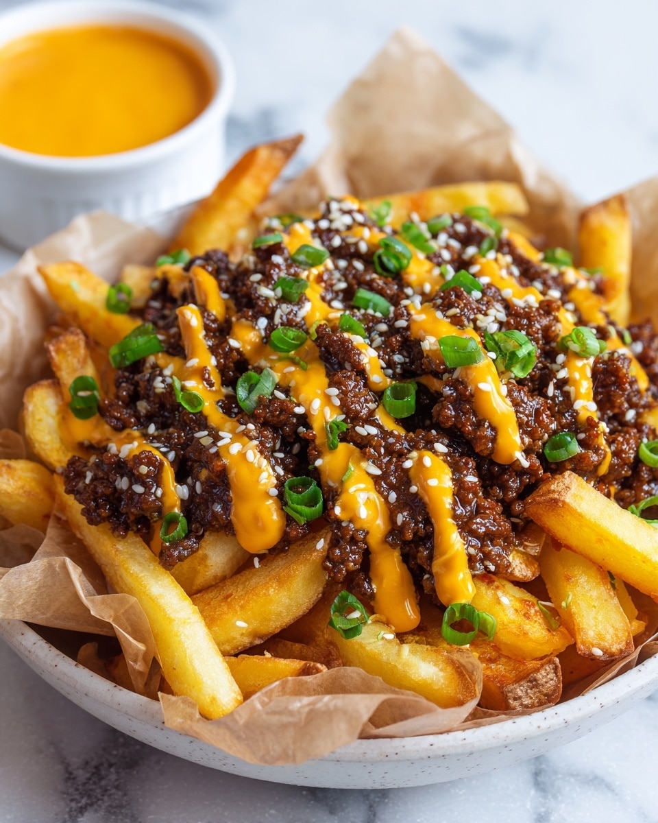 A white bowl lined with brown paper holds a large serving of golden crispy French fries as the base layer, topped with a generous pile of dark, saucy ground beef which looks moist and richly cooked. The beef is drizzled with a thick, vibrant orange sauce, and sprinkled evenly with small white sesame seeds and chopped bright green onions for a fresh touch. In the background on a white marbled surface, there is a small white container filled with the same orange sauce, slightly blurred to keep the focus on the fries. photo taken with an iphone --ar 4:5 --v 7