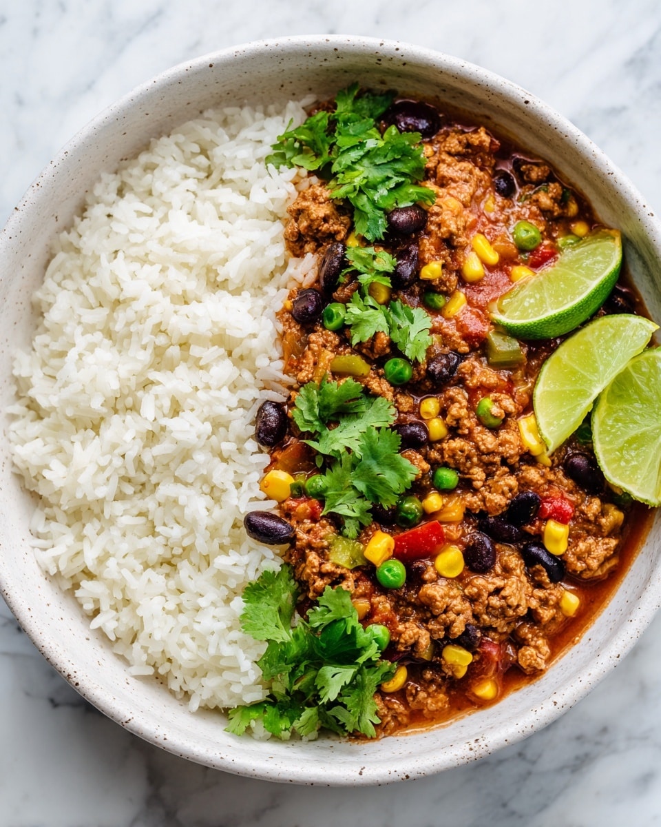 A bowl filled half with fluffy white rice showing soft, separate grains on the left side, and the other half with a colorful chili mixture made of ground meat, black beans, yellow corn, green peas, and red bell pepper pieces all mixed in a rich, reddish-brown sauce. Fresh green cilantro leaves are scattered on top, and three lime wedges rest on the right edge of the bowl. The bowl is white with a subtle speckled pattern, and it sits on a white marbled surface. Photo taken with an iphone --ar 4:5 --v 7