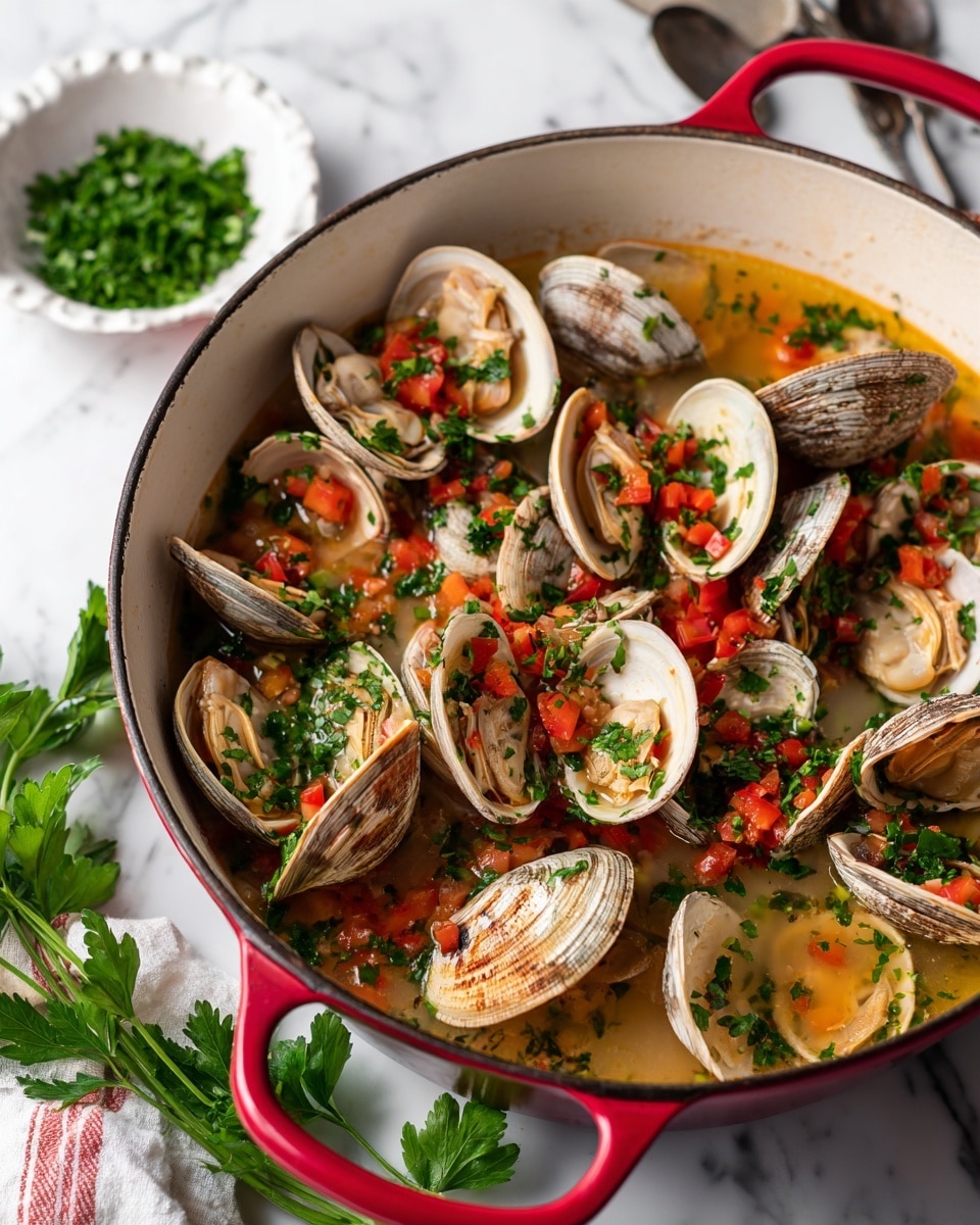A close-up view of a white pot filled with cooked clams, showing two visible layers: the bottom layer has orange-brown clam shells partially open, revealing the soft beige clam meat inside, while the top layer consists of small, diced red tomatoes and chopped green parsley scattered throughout, all sitting in a light golden broth that slightly pools at the bottom. The pot has a red handle, and nearby there are fresh parsley sprigs and a small white bowl of chopped parsley on a white marbled surface. Photo taken with an iphone --ar 4:5 --v 7
