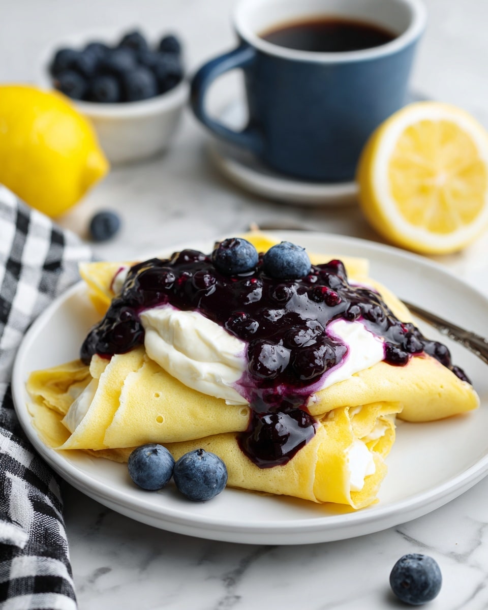 A white plate with two folded pale yellow crepes stacked partly on each other, topped with a thick layer of white cream cheese and a glossy, dark purple blueberry sauce that has visible whole blueberries, with two fresh blueberries placed at the base of the crepes; in the background on a white marbled surface, there is a blue cup filled with blueberries, a whole lemon, and a black and white checked cloth. photo taken with an iphone --ar 4:5 --v 7