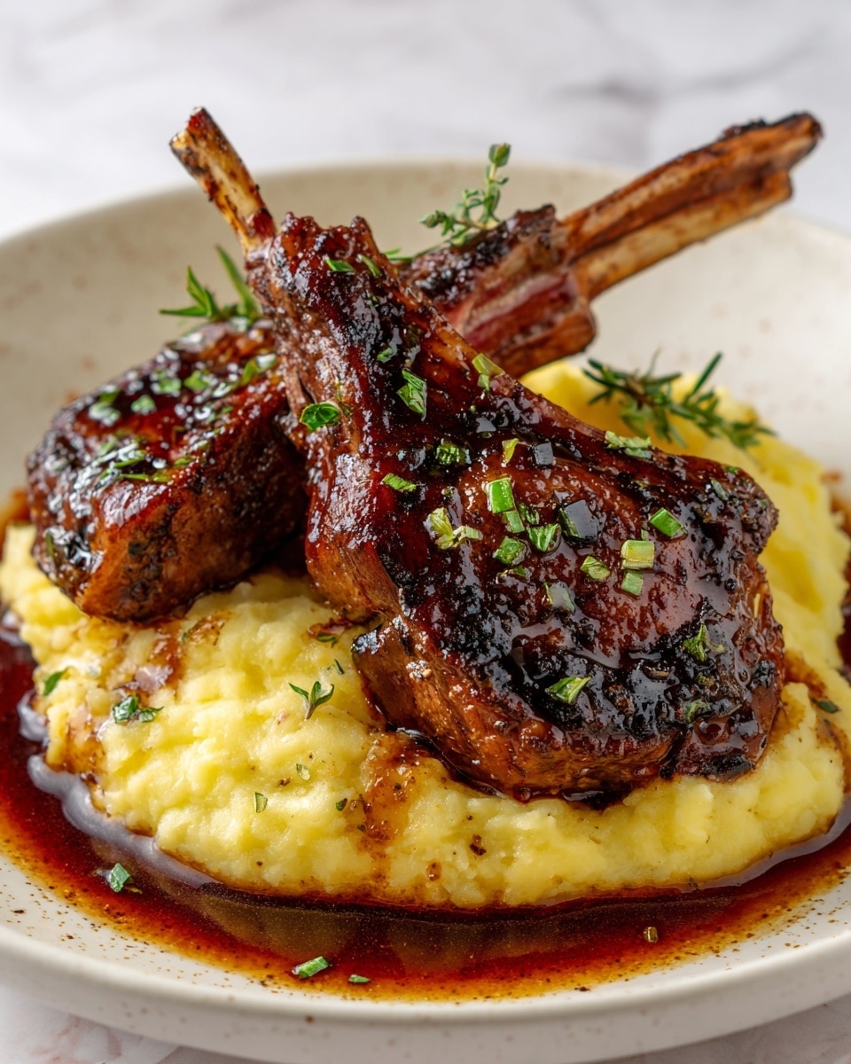 Two grilled lamb chops with a shiny, dark brown glaze and small green herb pieces on top rest on a thick layer of creamy, pale yellow mashed potatoes. The mashed potatoes form a soft base on a white plate with subtle light brown speckles. A rich, dark brown sauce surrounds the mashed potatoes, pooling gently at the edges. The background is a white marbled texture. Photo taken with an iphone --ar 4:5 --v 7