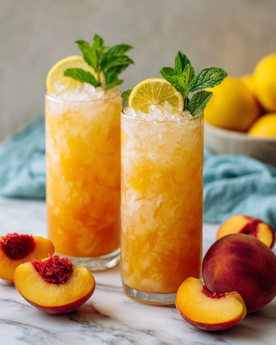 Two tall clear glasses filled with layers of light orange peach juice and crushed ice, topped with a fresh green mint sprig and a bright yellow lemon slice on the rim of each glass. Around the glasses, on a white marbled surface, there are whole ripe peaches with red and orange skin and sliced peach wedges showing the juicy yellow flesh with a red pit center. The background has a soft-focus view of whole yellow lemons and a light blue cloth. photo taken with an iphone --ar 4:5 --v 7