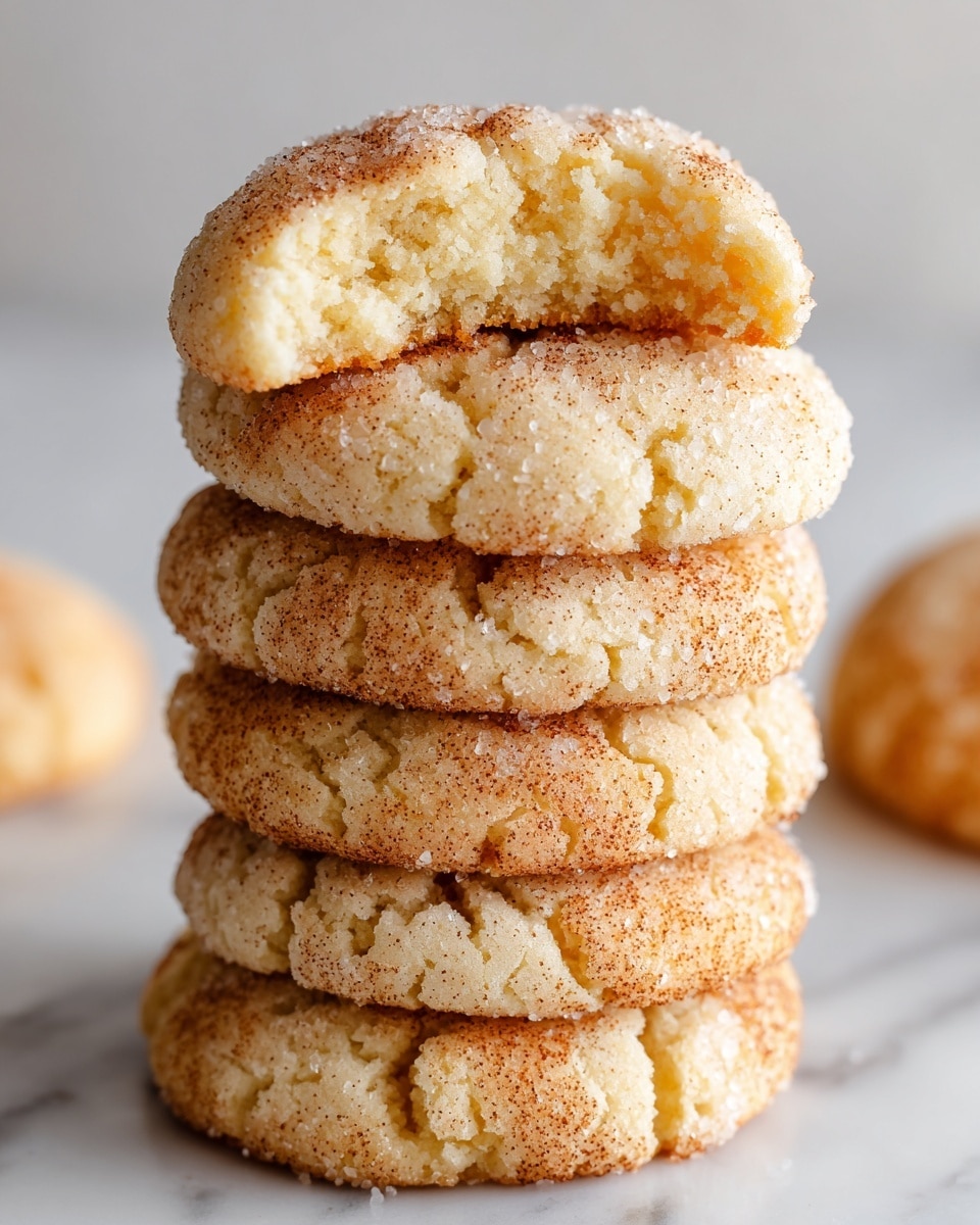A stack of seven round cookies is shown on a white marbled surface. The cookies are golden brown with a slightly cracked texture on top, and the top cookie has a bite taken out, revealing a soft, chewy inside. The outer edges are slightly darker, showing a baked, crisp texture, while the sugar crystals lightly sparkle on the surface. The cookies look thick and soft, stacked neatly one on top of another. Photo taken with an iphone --ar 4:5 --v 7