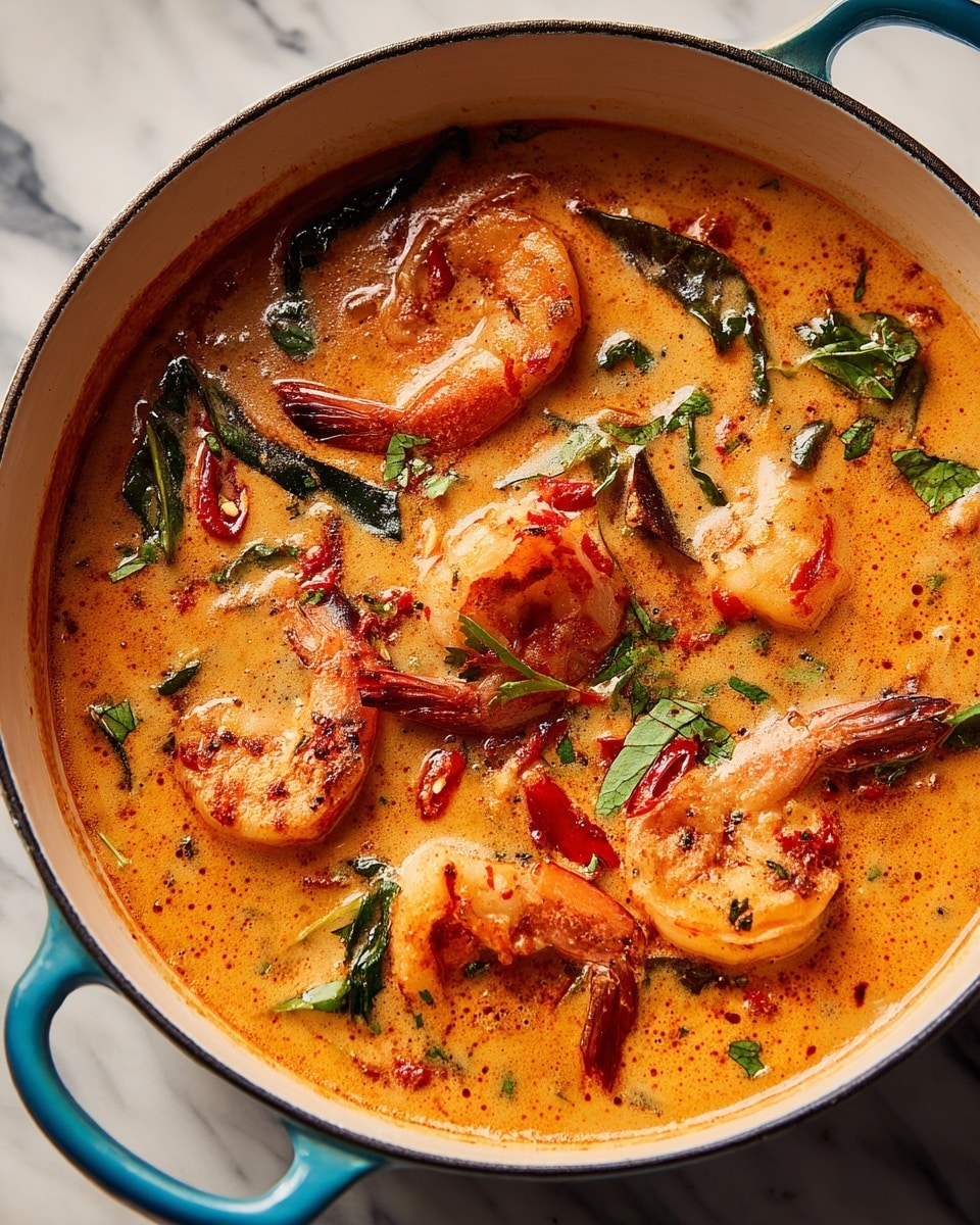 A creamy orange soup in a white pot with a blue handle shows five large pink shrimp on top, partially submerged in the thick soup. The soup contains red chili slices and green leafy herbs scattered throughout, with a smooth and slightly chunky texture. The pot rests on a white marbled surface, and the soup's surface glistens under soft light. Photo taken with an iphone --ar 4:5 --v 7