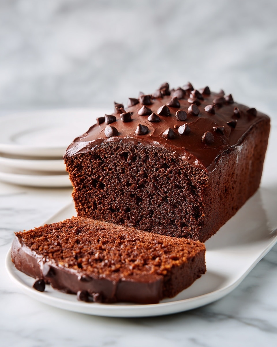 A loaf-shaped chocolate cake with two visible layers: the dark, moist cake base and a thick, glossy layer of chocolate frosting on top, decorated with scattered dark chocolate chips. One slice is cut and placed flat in front of the loaf, showing the dense texture of the cake and the smooth chocolate frosting spread on the top and edges of the slice. The cake sits on a white plate with the background as white marbled texture. photo taken with an iphone --ar 4:5 --v 7