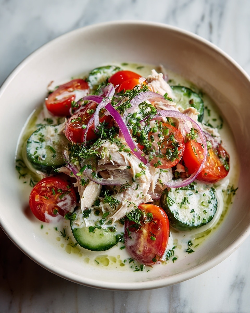 A fresh salad in a white bowl on a white marbled surface, featuring three main layers: the bottom layer is made up of bright green cucumber slices with visible seeds, topped with light pink shredded chicken pieces arranged loosely with some texture visible, and the top layer has halved red cherry tomatoes, thin slices of purple onion, and a creamy white sauce speckled with green herbs drizzled over the chicken. Small sprigs of fresh dill are scattered throughout the salad, adding dark green accents. The overall look is colorful, fresh, and creamy with a mix of smooth and textured elements. Photo taken with an iphone --ar 4:5 --v 7