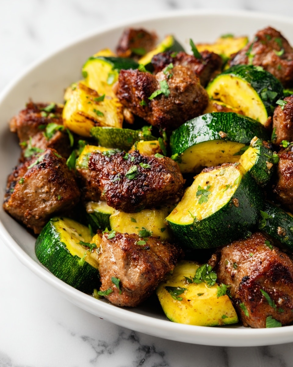 The image shows a close-up of a dish with several pieces of browned meat and sliced green zucchini mixed together. The meat is cut into medium-sized chunks with a slightly crispy, dark brown outside, while the zucchini pieces are cooked with a bright green skin and soft yellow inside. Small green herbs are sprinkled all over, adding a fresh look. The food is arranged in a white plate, and the background is a white marbled texture. Photo taken with an iphone --ar 4:5 --v 7
