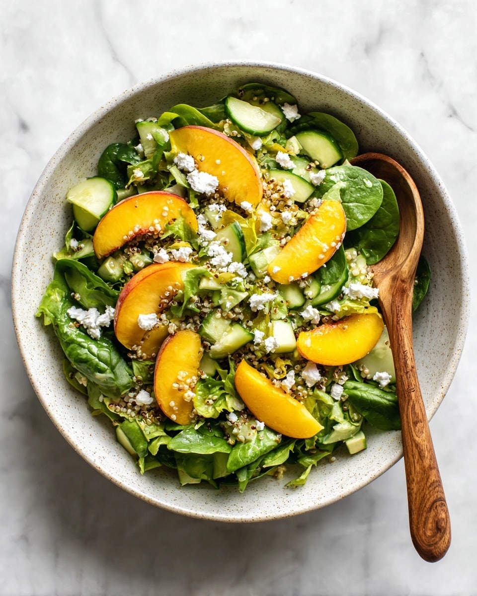 A large bowl filled with a fresh salad that has three main layers: the bottom layer is green leafy lettuce with some dark red leaves mixed in, the middle layer has small, light tan grains scattered all over, and the top layer includes bright orange peach slices and white cheese crumbles evenly spread. There are small pieces of pale green cucumber mixed throughout. A wooden spoon rests on the right side inside the bowl. The bowl sits on a white marbled surface. Photo taken with an iphone --ar 4:5 --v 7