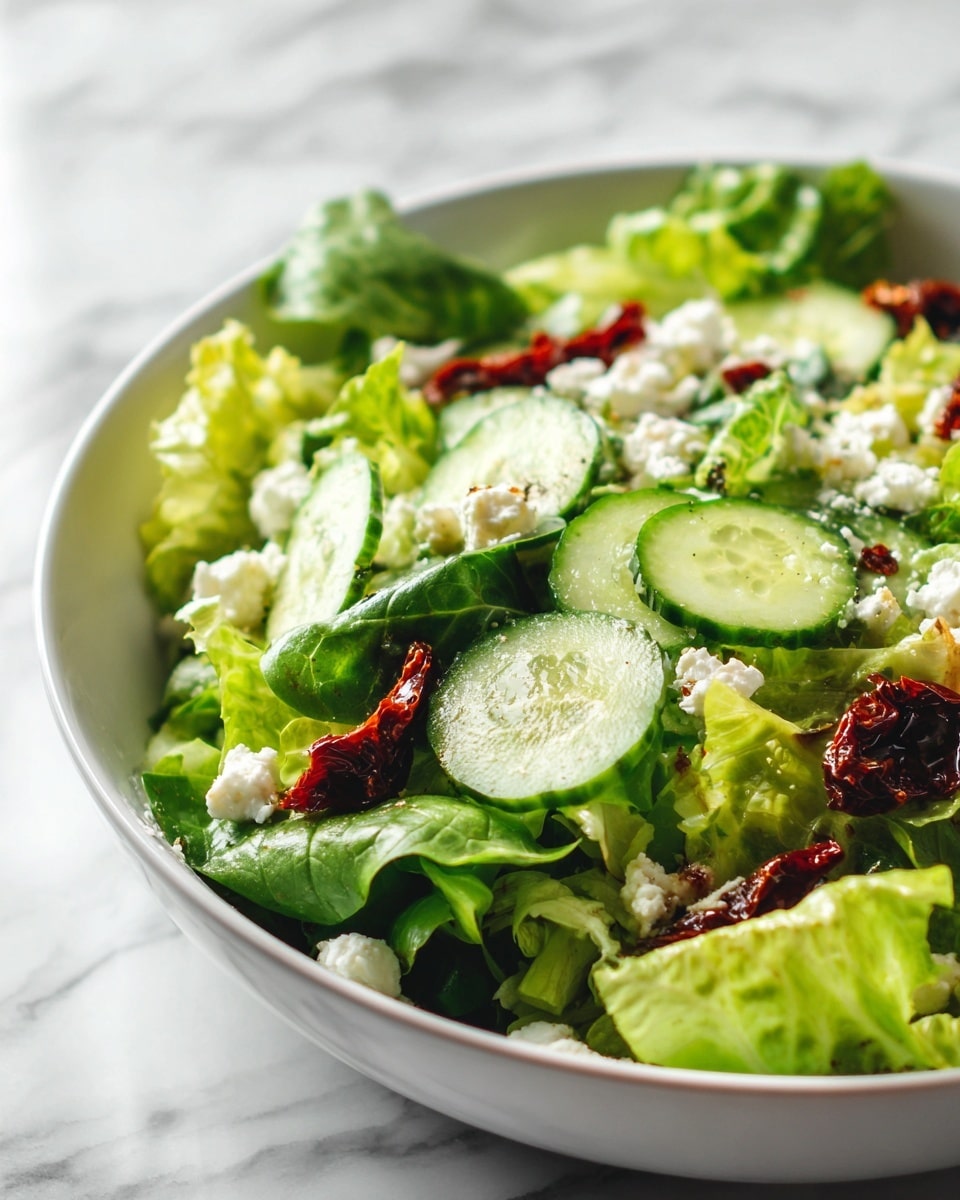 The dish is a fresh salad served in a white bowl, featuring multiple layers of ingredients. At the bottom are vibrant green leafy vegetables, which create a textured, leafy base. Above that are slices of light green cucumber with a smooth, moist surface, scattered evenly throughout the bowl. Among the cucumbers, there are several chunks of soft white cheese, adding a creamy texture and color contrast. Small pieces of dark red sun-dried tomatoes are placed evenly on top, adding a rich color accent. The salad looks fresh and lightly dressed, with hints of herbs finely chopped and sprinkled on the surface. The bowl is placed on a white marbled surface. Photo taken with an iphone --ar 4:5 --v 7