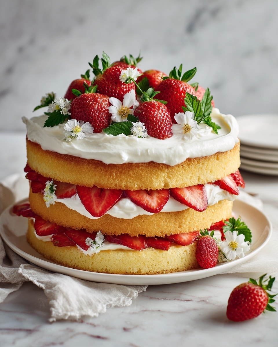 A three-layered cake sits on a white plate with a white marbled texture underneath. The bottom and middle layers are light yellow sponge cake, each topped with white whipped cream and fresh sliced red strawberries embedded in the cream. The top layer is a thick layer of white fluffy whipped cream, crowned with a circle of sliced strawberries around the edge and whole strawberries with green leaves in the center, garnished with small purple flowers and green mint leaves. A few whole strawberries lie next to the plate. Photo taken with an iphone --ar 4:5 --v 7