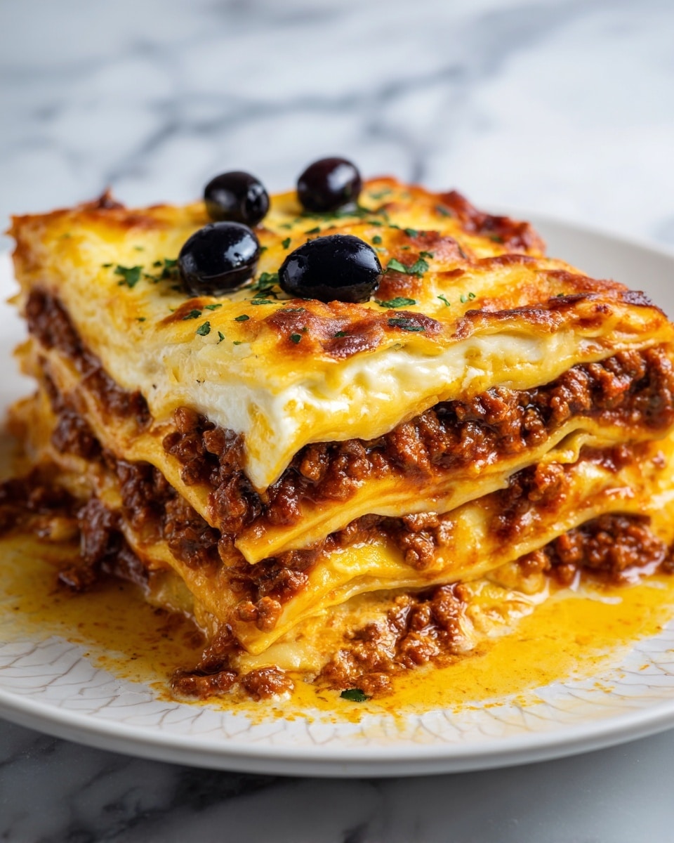 This image shows a close-up of a thick slice of lasagna with four visible layers. The top layer is golden and slightly crispy cheese with a few small, dark blue berries placed on it. Below the cheese, there are alternating layers of creamy yellow melted cheese and a rich, brown meat sauce with a chunky texture. The lasagna is sitting on a white plate with some sauce around it. The background is a white marbled surface. photo taken with an iphone --ar 4:5 --v 7