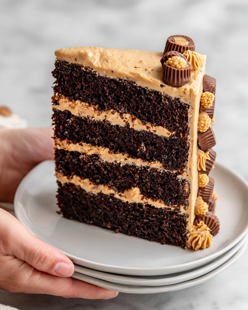 A thick slice of chocolate cake with four visible layers sits on a white plate, each dark chocolate layer separated by smooth light brown peanut butter frosting. The outer frosting is the same peanut butter color, decorated with small peanut butter cups and round peanut butter balls on the side. The cake looks moist with a rich texture, and the peanut butter frosting appears creamy and slightly glossy. The background is a white marbled surface. photo taken with an iphone --ar 4:5 --v 7