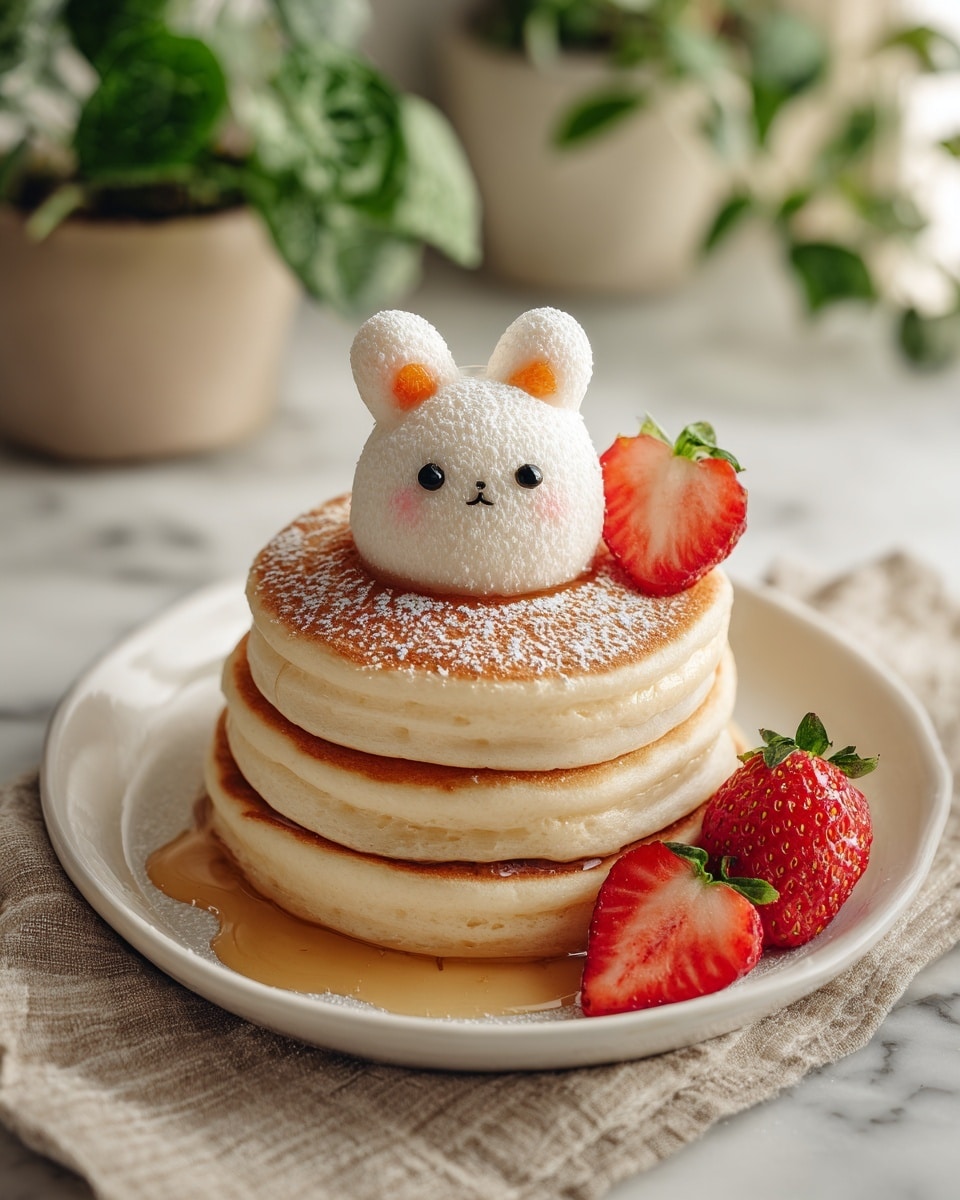 A stack of four light golden brown pancakes sits in the center of a white plate on a white marbled surface. The pancakes have a soft, fluffy texture, and a small amount of syrup pools gently around the base. On top of the stack, there are three halved red strawberries with green leaves, placed around a small bunny-shaped decoration dusted with powdered sugar, featuring detailed ears and black eyes. A whole strawberry rests near the edge of the plate. The soft natural light and blurred background add a cozy feel to the scene. Photo taken with an iphone --ar 4:5 --v 7