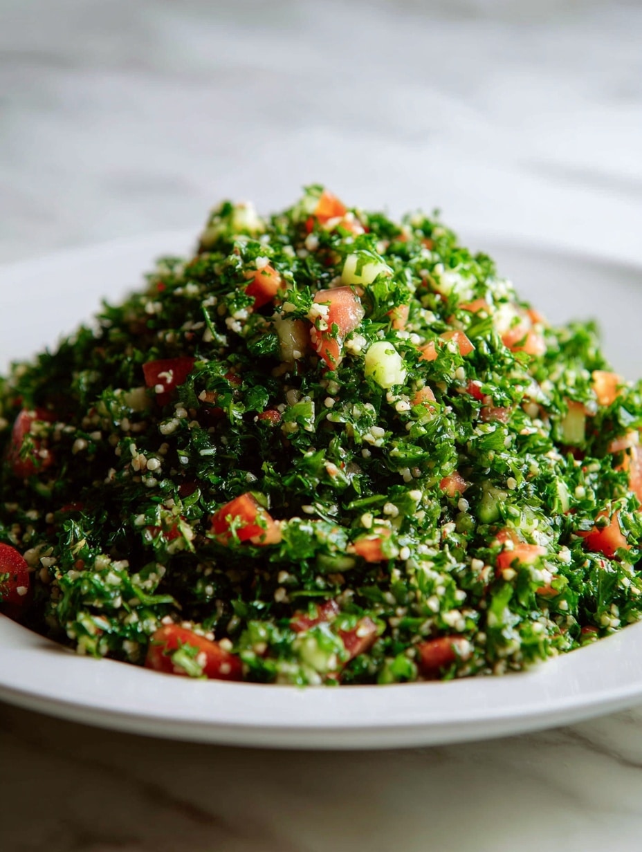 A white plate holds a mound of finely chopped tabbouleh salad, with a textured mix of bright green parsley and small cubes of red tomatoes evenly spread throughout. The small bits of white bulgur wheat grain are scattered within the green and red, adding a grainy texture. The salad is piled high in the center of the plate, showing a fresh and vibrant mix of colors with a slightly wet, shiny look from dressing. The background is softly out of focus with a white marbled texture beneath the plate. photo taken with an iphone --ar 4:5 --v 7