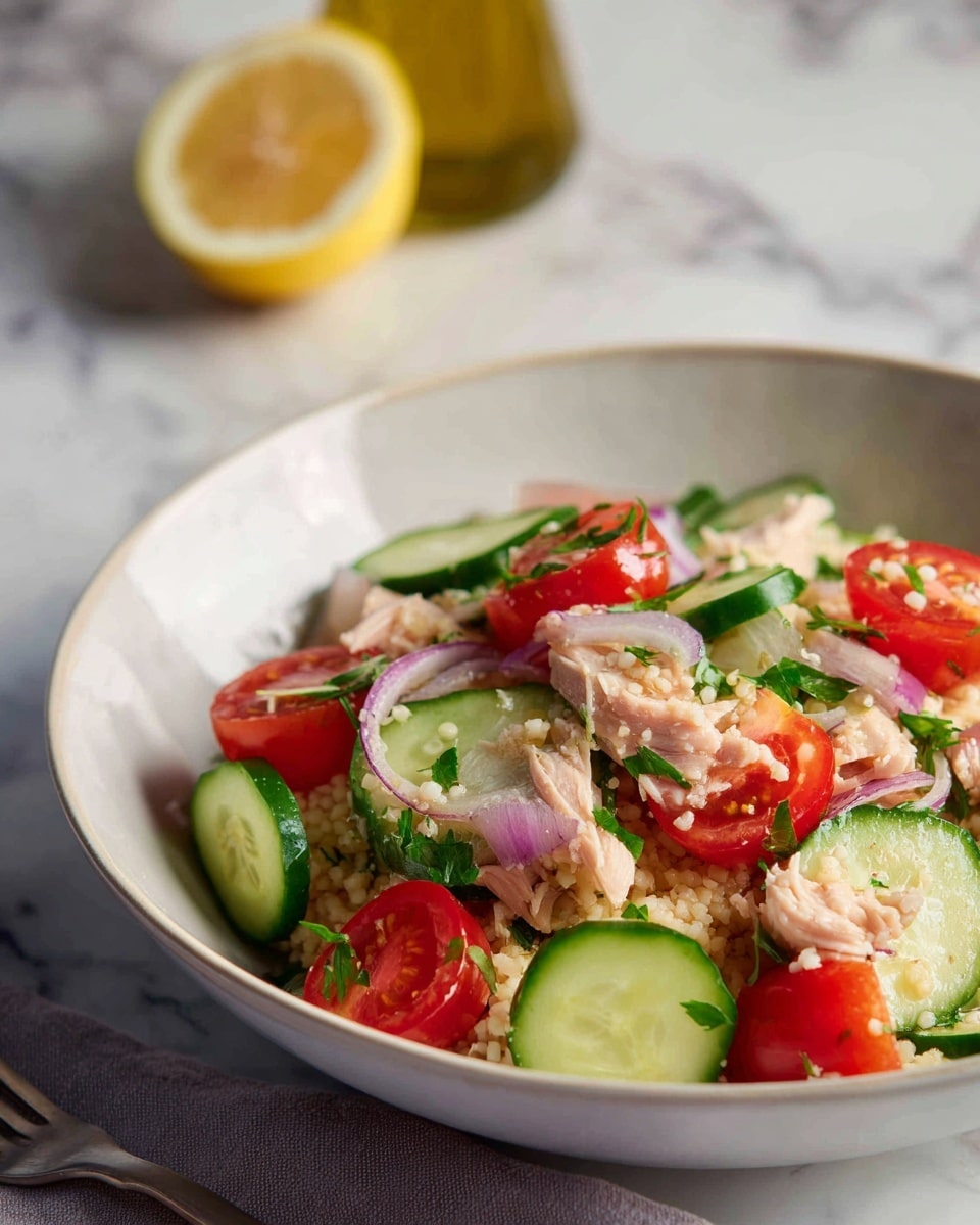 The image shows a bowl of fresh salad on a white marbled surface with a blurred background containing a lemon half and a bottle of oil. The salad has several layers: the base is made of beige cooked grains, topped with bright red cherry tomatoes cut in half and light green cucumber slices. Scattered among these are pale pink beans and pieces of white tuna. Thin slices of light purple onion and bits of green parsley are mixed throughout the salad, adding fresh green spots. The salad is served in a simple white bowl with a gentle curve. Photo taken with an iphone --ar 4:5 --v 7