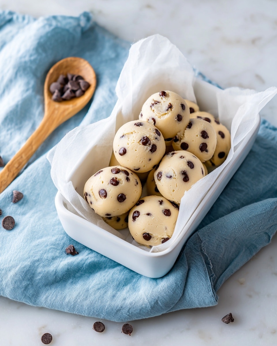 The image shows a white rectangular dish filled with round cookie dough balls, each studded with small chocolate chips, piled neatly inside a white paper liner. The dough balls have a smooth, creamy beige color with dark brown chocolate chips scattered across their surface. The dish rests on a soft blue cloth, and a wooden spoon and some scattered chocolate chips are placed nearby on a white marbled surface. The overall setting looks fresh and cozy, showing the dough balls ready for baking. Photo taken with an iphone --ar 4:5 --v 7
