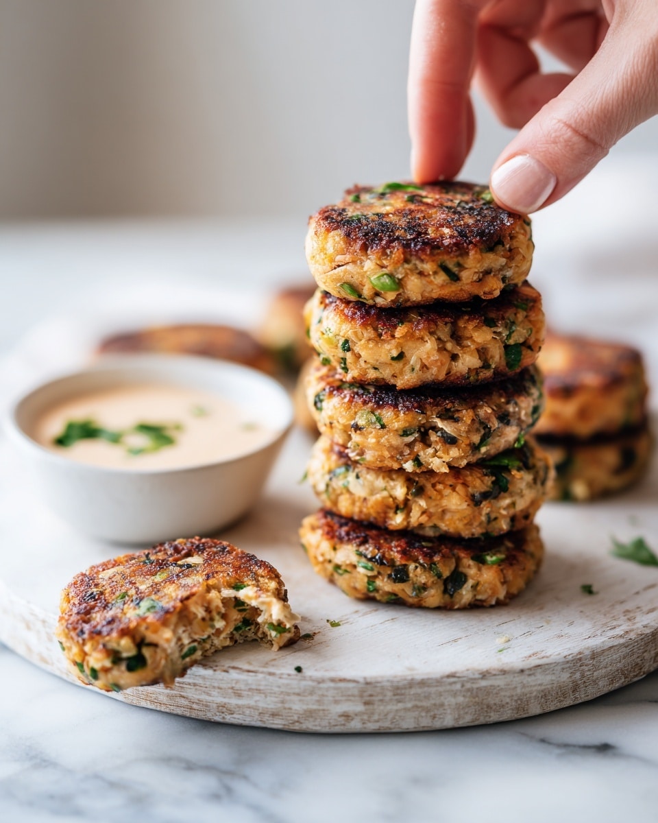 The image shows a stack of golden-brown patties with a crispy, slightly charred surface and visible green herbs mixed inside. There are about six patties piled loosely on a round white wooden plate, with one patty tilted to reveal its texture. In the background, a small white bowl contains a pale creamy sauce with green flecks, placed on a white marbled surface. A woman's hand is gently holding one patty from the stack. Photo taken with an iphone --ar 4:5 --v 7