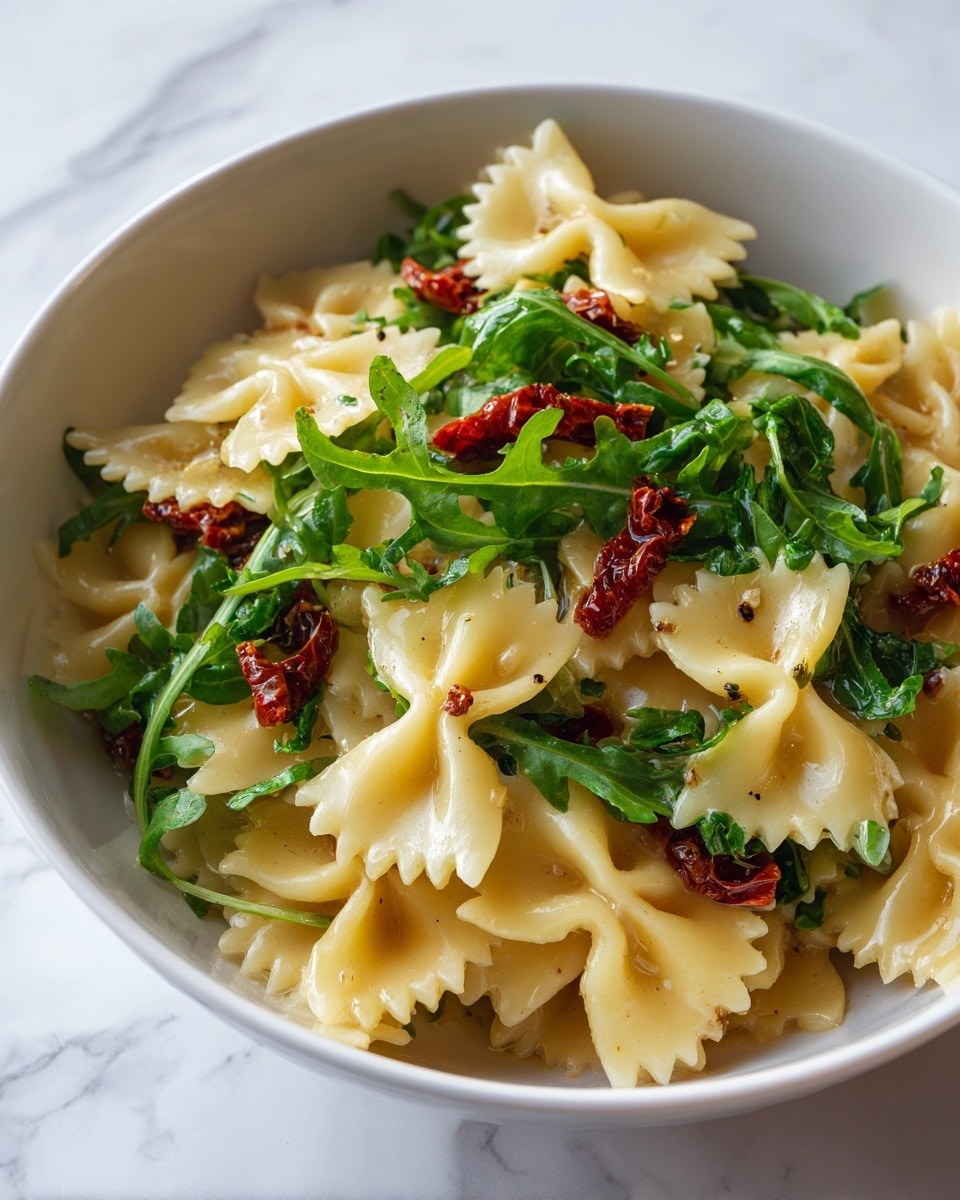 A white bowl filled with a creamy pasta dish made of bowtie-shaped pasta, mixed with bright green arugula leaves scattered generously on top and throughout. The pasta is coated in a light sauce with small bits of sun-dried tomatoes adding spots of deep red color. The textures show smooth sauce covering the pasta, the slightly crinkled edges of the bowtie pasta, and fresh, leafy greens. The whole dish looks fresh and colorful against the white marbled background. Photo taken with an iphone --ar 4:5 --v 7