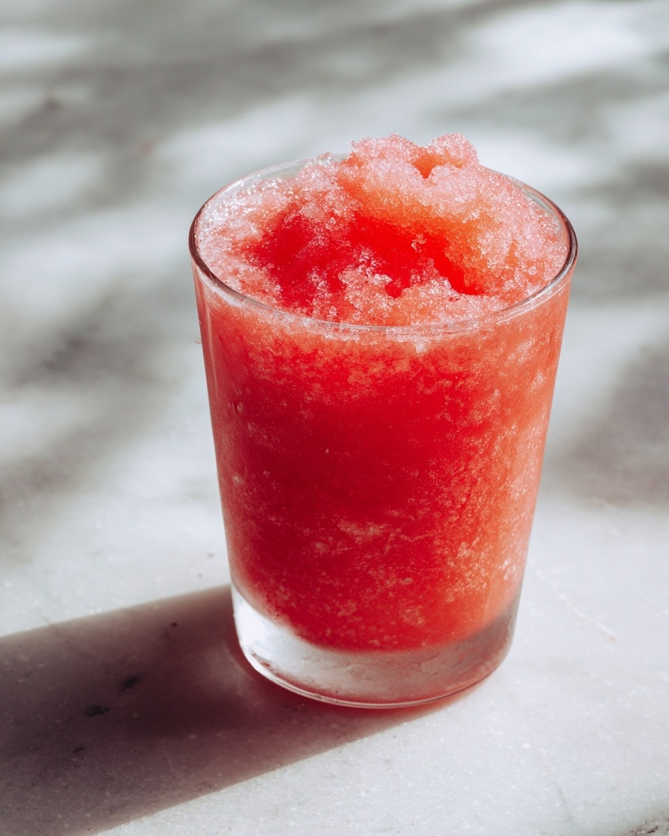 A clear glass filled with a bright red frozen drink that looks crushed and icy, with small ice crystals visible on the surface. The drink fills the glass to the very top with a slightly uneven texture, showing the layers of icy mix. The glass sits on a white marbled surface with soft natural light coming from a window in the background, highlighting the refreshing cold texture. photo taken with an iphone --ar 4:5 --v 7