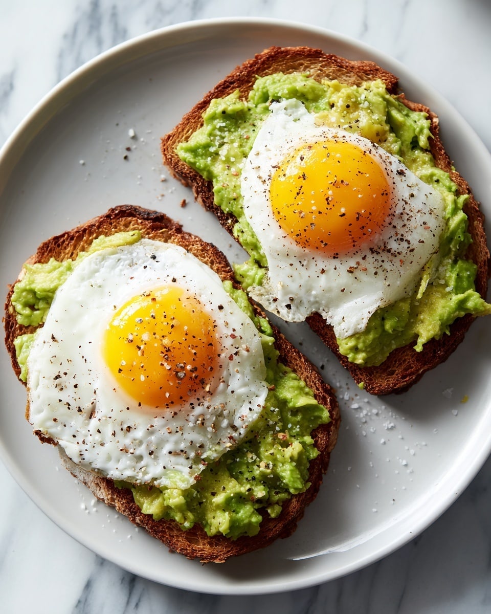 The image shows two slices of dark toasted bread on a white plate, placed on a white marbled surface. Each slice is covered with a thick layer of mashed green avocado that has a creamy texture and some small chunks. On top of the avocado, there is a fried egg with a bright yellow yolk that looks soft and slightly runny, surrounded by the white part cooked until firm, lightly seasoned with black pepper. The eggs are centered on each slice, and the whole scene looks fresh and simple. Photo taken with an iphone --ar 4:5 --v 7
