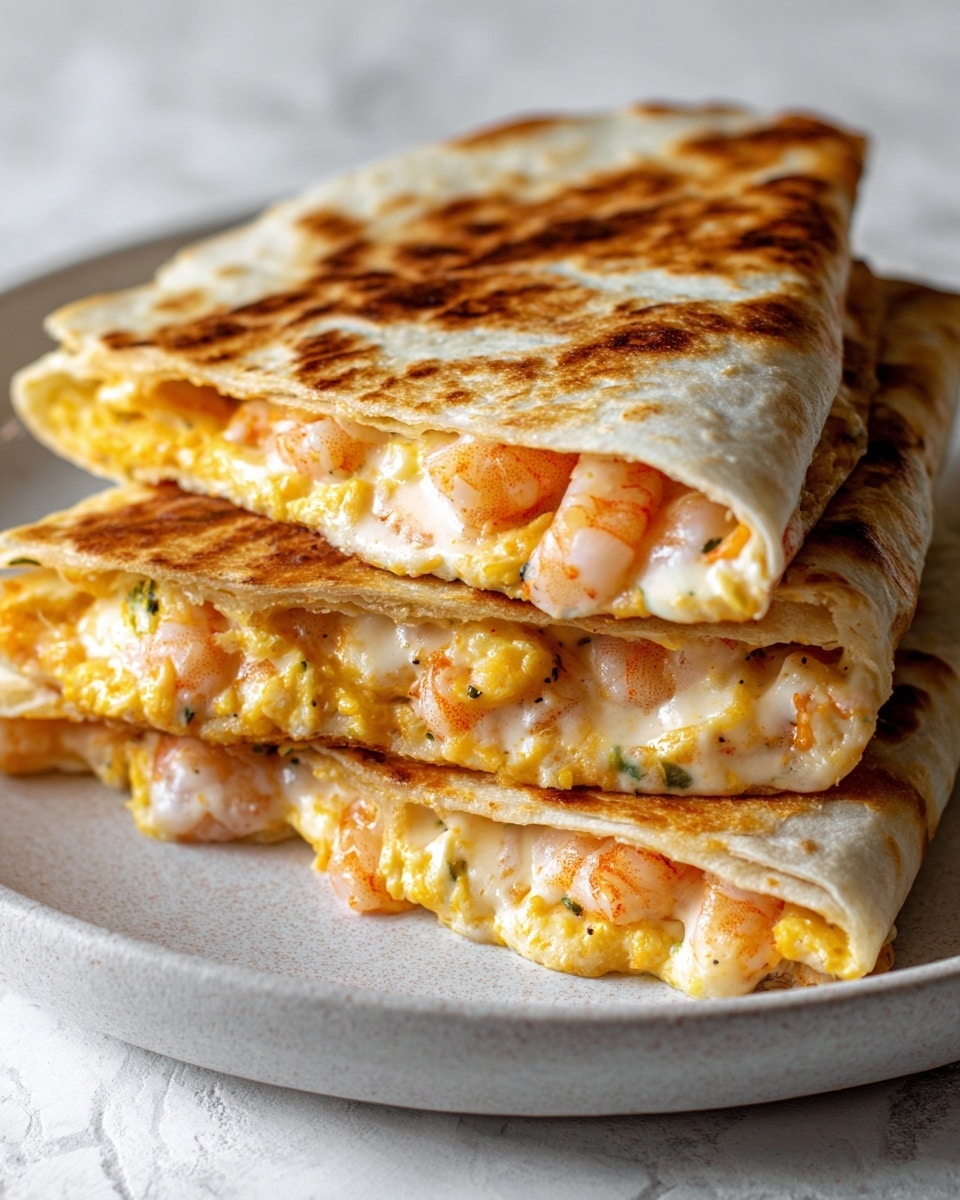 The image shows two folded quesadillas stacked on a white plate, placed on a white marbled surface. Each quesadilla has a golden-brown, crispy outer tortilla with visible grill marks. Inside, there are layers of melted cheese that look gooey and light yellow, mixed with small pieces of shrimp, which are pale pink and slightly charred. There are also bits of green herbs and some browned spices scattered within the layers. The quesadillas are cut in halves, showing the filling clearly, and the textures look both crunchy on the outside and soft inside. Photo taken with an iphone --ar 4:5 --v 7