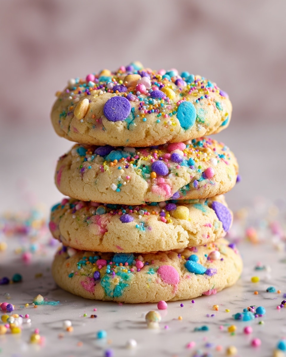 The image shows a stack of three thick cookies on a white marbled surface. Each cookie is light beige with a soft texture and is covered with colorful sprinkles and small candy pieces in blue, purple, yellow, and pink, creating a fun and playful look. The sprinkles are scattered unevenly but densely across the top and sides of the cookies. The background is softly blurred to keep the focus on the vibrant cookies. Photo taken with an iphone --ar 4:5 --v 7