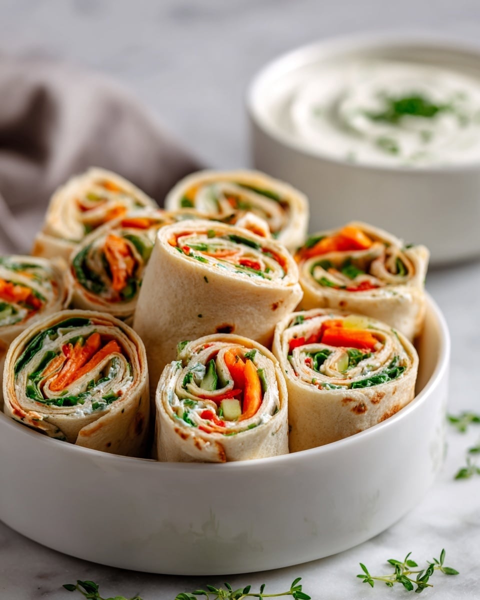 A close-up view of 15 small tortilla pinwheel wraps arranged closely on a white plate with a white marbled surface underneath. Each wrap has three visible layers: the light beige outer tortilla, a green layer of leafy vegetables or herbs, and inner fillings with bright orange carrot strips, red bell pepper, and some creamy white spread or cheese. Fresh dill sprigs are scattered around the plate. In the background, there is a white bowl filled with a white sauce. The overall look is fresh, colorful, and appetizing with a clean presentation. photo taken with an iphone --ar 4:5 --v 7