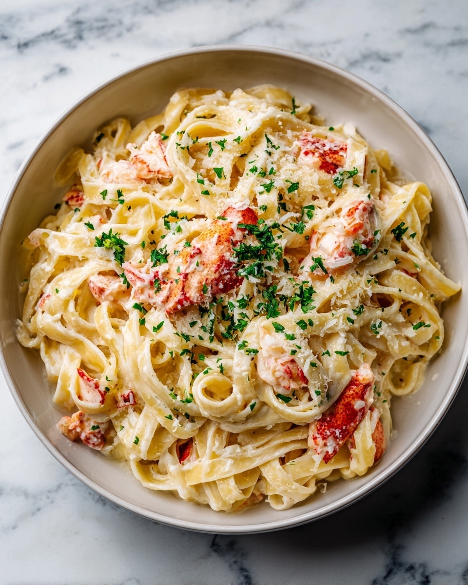The dish shows a pan filled with creamy fettuccine pasta mixed with pieces of cooked lobster, spread evenly throughout the noodles. The pasta is a pale yellow, coated in a smooth white cream sauce with a slightly glossy texture. Small green parsley bits are sprinkled on top, adding a fresh pop of color. There are also fine grated cheese flakes scattered over the dish, giving a soft, powdery look. The pan sits on a white marbled surface. photo taken with an iphone --ar 4:5 --v 7