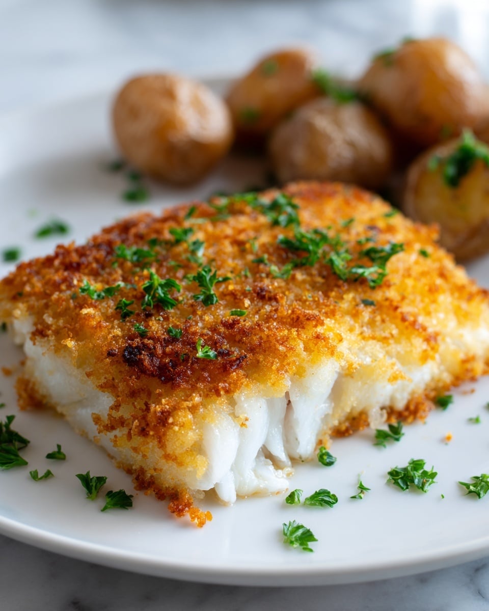A white plate holds a piece of breaded fish with a golden-brown crispy crust on top, showing a crunchy texture. The fish inside is white and flaky, visible at the front edge where the crust is slightly broken. Small green parsley leaves are sprinkled over the fish and around the plate for color. In the background, there are small round roasted potatoes with a light brown color, slightly blurred to focus on the fish. All is set on a white marbled surface. Photo taken with an iphone --ar 4:5 --v 7