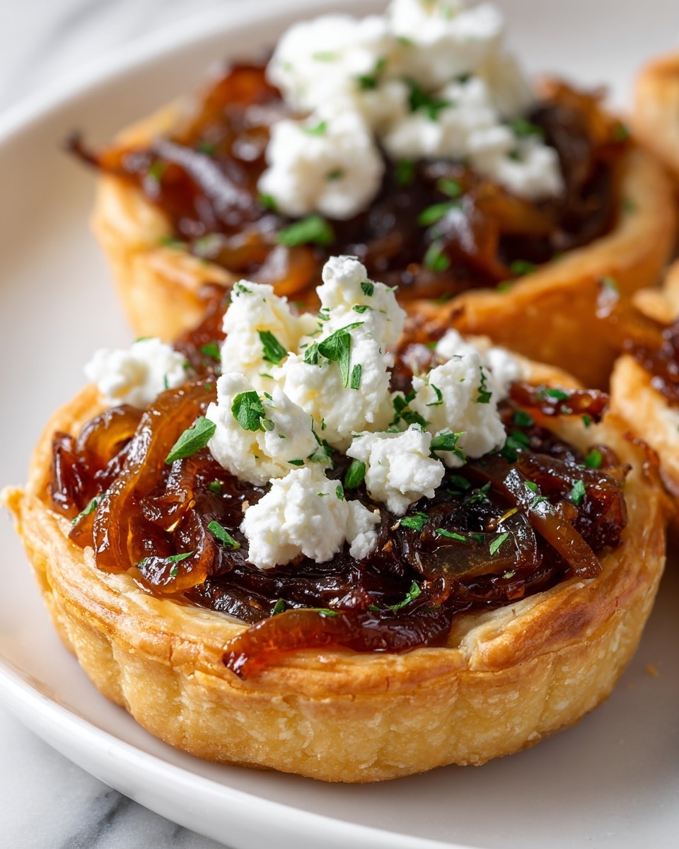 A close-up image of a single round tart with a golden-brown, flaky crust. The tart is topped with a layer of caramelized onions, which have a rich, dark amber color and glossy texture. On top of the onions, there are small dollops of creamy white cheese, sprinkled with green herbs. The tart rests on a white plate placed on a white marbled surface, with soft natural light highlighting the shiny onion layer and crumbly crust edges. Photo taken with an iphone --ar 4:5 --v 7