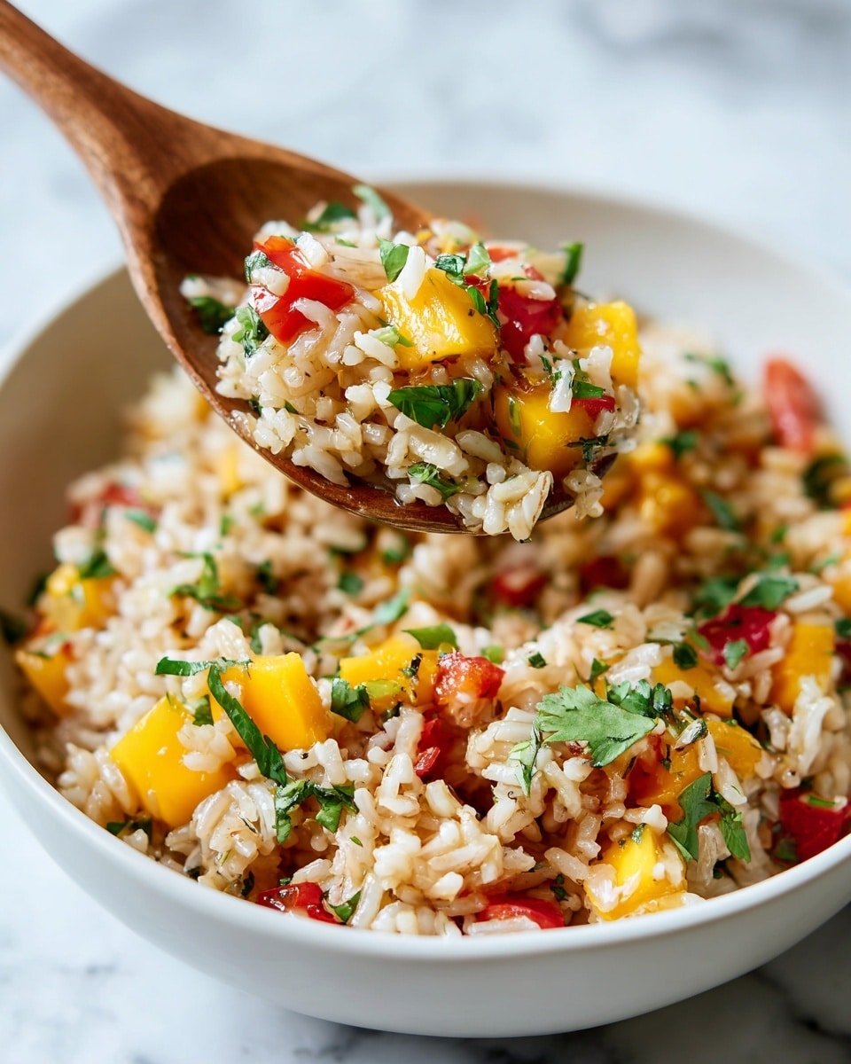A close-up view of a white bowl filled with a colorful rice dish, featuring fluffy, light brown rice mixed with small chunks of yellow mango, diced red tomatoes, and green cilantro leaves scattered on top. The wooden spoon is lifting a portion of the rice, showing a mix of grains and vibrant ingredients with a slightly moist texture. The bowl is placed on a white marbled surface. Photo taken with an iphone --ar 4:5 --v 7