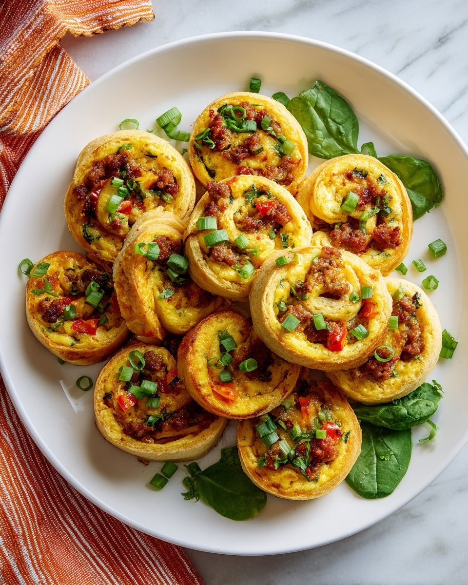 A white plate filled with about twelve golden-brown breakfast pinwheels stacked in the center. Each pinwheel has three visible layers: a soft toasted dough on the outside, a bright yellow scrambled egg layer, and a mix of melted cheese with small browned sausage bits and diced red bell peppers inside. The pinwheels are sprinkled with fresh chopped green onions, adding a fresh green color to the dish. The plate is placed on a white marbled surface with some green spinach leaves and an orange striped cloth visible in the corner. photo taken with an iphone --ar 4:5 --v 7