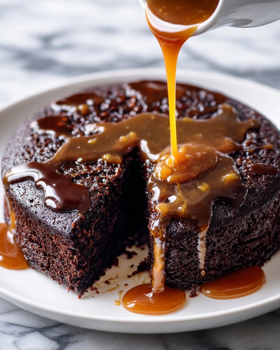 A rich, dark chocolate cake sits on a white plate with thick, glossy chocolate sauce dripping down its sides. The cake has two visible layers, the outer layer moist and shiny, while the inside looks soft and dense with a deep brown color. A slice is cut out, revealing the soft texture inside. A creamy light brown sauce is being poured from above onto the top of the cake, adding a thick flowing layer on the surface and sides. The plate is on a white marbled surface. Photo taken with an iphone --ar 4:5 --v 7