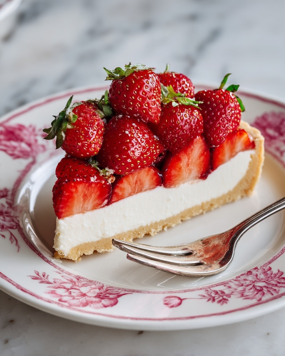 A slice of creamy tart with three layers sits on a white plate with a pink floral pattern. The bottom layer is a light golden crust, smooth and thin. The middle layer is thick, white, and creamy, with a soft texture. The top layer is covered with a pile of fresh whole and sliced strawberries, bright red with green leaves. The plate is on a white marbled surface, and a silver fork is placed next to the tart slice. photo taken with an iphone --ar 4:5 --v 7