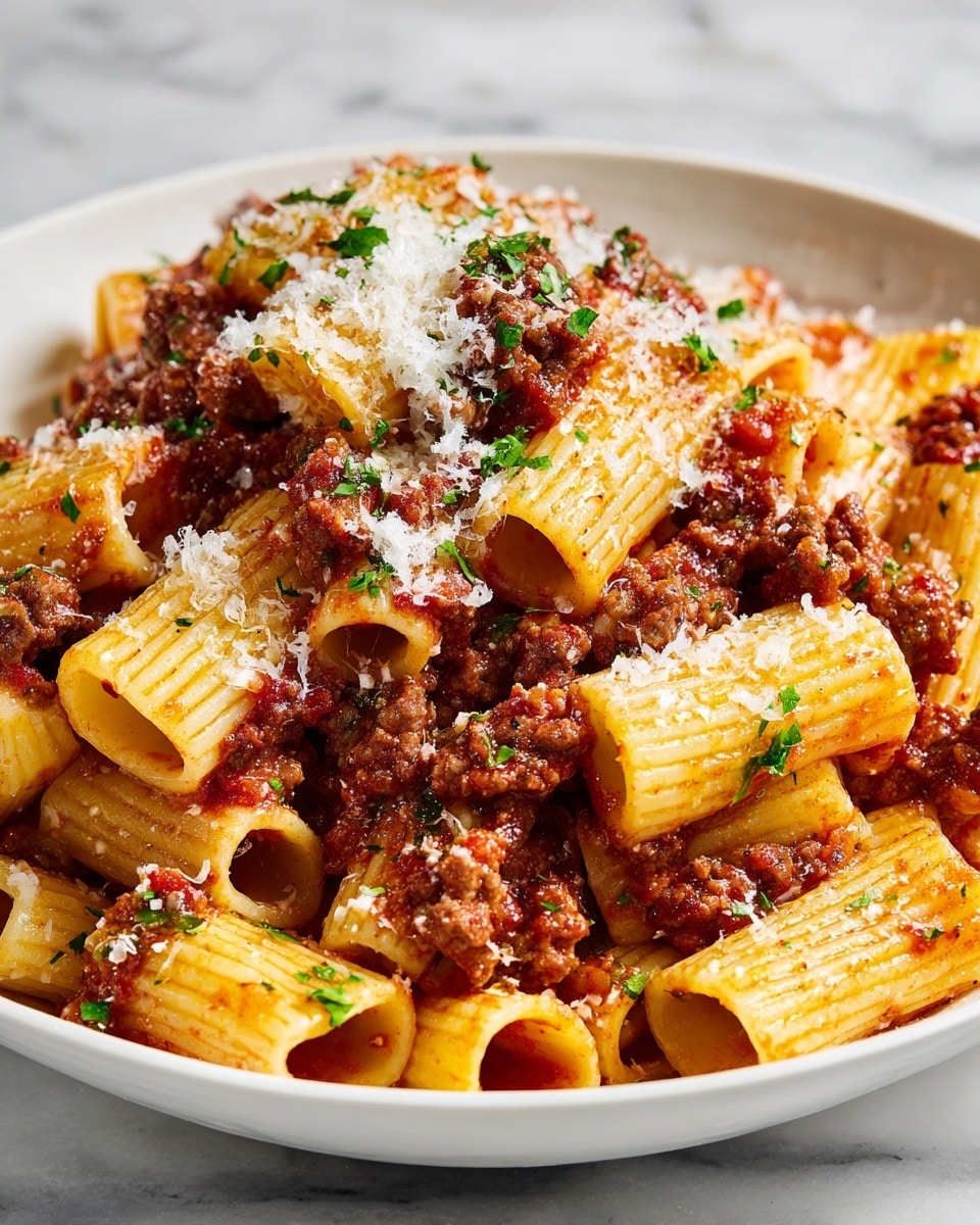 The image shows a close-up of a white bowl filled with pasta layered with ground meat sauce mixed evenly among the pasta tubes. The pasta is a light golden color and looks soft, covered with a generous amount of finely grated cheese that melts slightly into the meat and pasta. Small bits of chopped green herbs are sprinkled on top, adding a touch of fresh color. The texture of the ground meat is crumbly but moist, sitting mostly on top and between the pasta. The background is a white marbled surface. Photo taken with an iphone --ar 4:5 --v 7