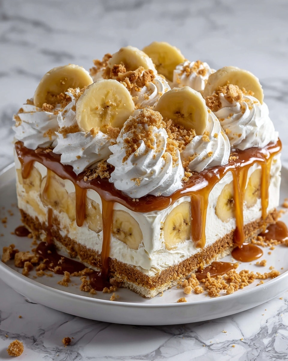The image shows a layered dessert on a white plate placed on a white marbled surface. The bottom layer consists of crushed golden brown cookies. Above that, there is a smooth creamy vanilla layer with whole banana slices embedded within it. The next layer is another creamy topping, covered generously with white whipped cream swirls around the edges. More banana slices are placed on top of the whipped cream. Drizzled over the entire dessert is a thick caramel sauce that adds a shiny golden touch. The top is sprinkled with crushed cookie crumbs for texture. Photo taken with an iphone --ar 4:5 --v 7