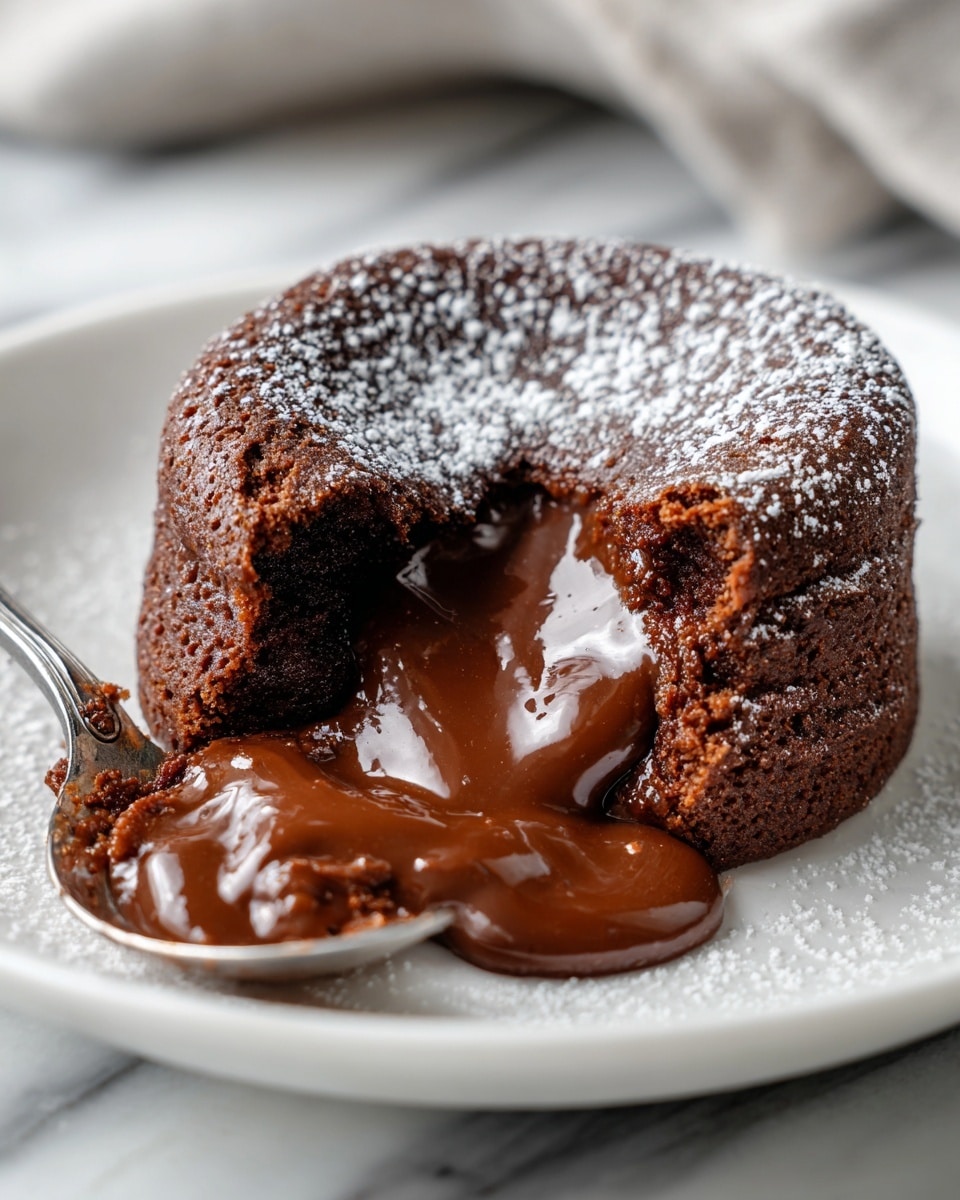 A rich chocolate lava cake sits on a white plate placed on a white marbled surface. The cake is dark brown with a moist, slightly cracked top, dusted lightly with powdered sugar. A spoon with a bit of melted chocolate rests beside it. The inside of the cake is molten chocolate, flowing out in a smooth, shiny, thick liquid, creating a warm and gooey center that contrasts with the cake’s textured outer layer. photo taken with an iphone --ar 4:5 --v 7