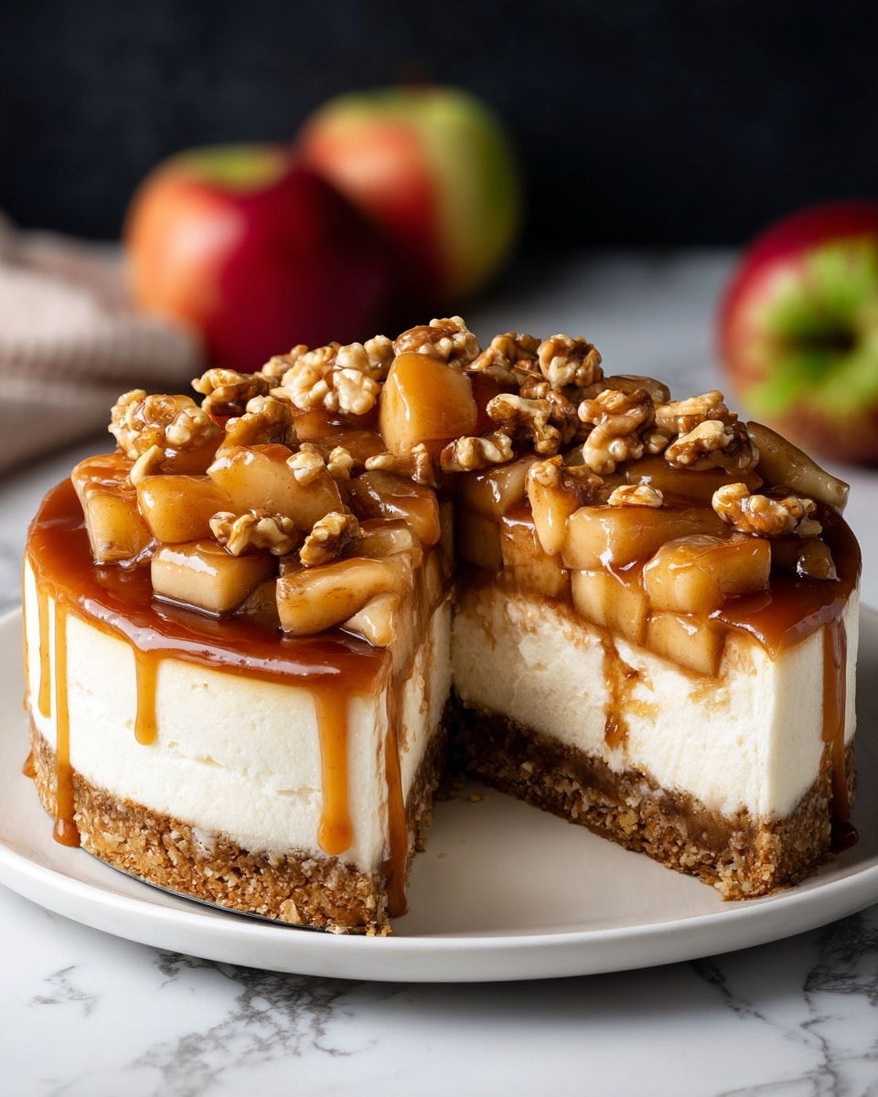 The image shows a round cheesecake with three distinct layers on a white plate, placed on a white marbled surface. The bottom layer is a crumbly light brown crust, sturdy and even. The middle layer is thick, smooth, and creamy white cheesecake filling. The top layer is a mix of sliced greenish-yellow apples and chopped walnuts, covered with a shiny, thick caramel glaze that drips slightly down the sides. A slice is cut out, revealing the gooey apple and caramel filling inside the cheesecake. Photo taken with an iphone --ar 4:5 --v 7