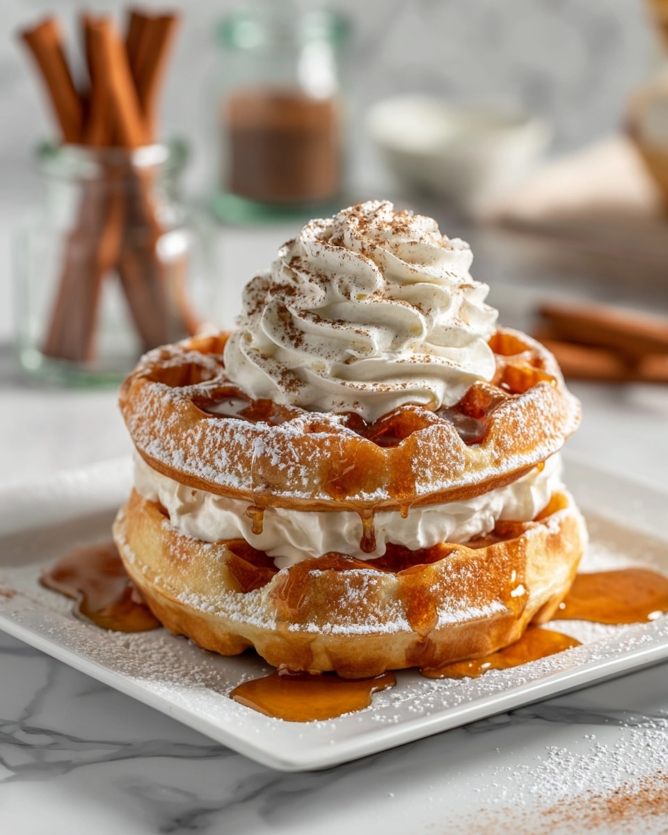 Two thick, golden-brown waffles stacked on a white square plate with powdered sugar dusted over them. Between the two waffles is a layer of white cream, softly peeking out from the edges. On top of the stack, there is a large swirl of white whipped cream sprinkled with a light dust of brown cinnamon or cocoa powder. Golden syrup drips down the sides of the waffles and pools on the plate around them. The background shows a white marbled texture surface with slightly blurred kitchen objects. Photo taken with an iphone --ar 4:5 --v 7