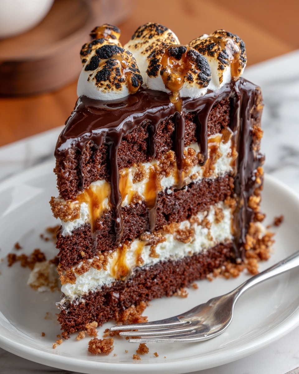 A thick slice of dark brown chocolate cake with three visible layers, each separated by a creamy white filling mixed with golden caramel and crunchy crumbs. The top is covered with shiny, dark chocolate ganache that drips down the sides in thick streams, and it is topped with toasted marshmallows that are light brown and golden with bubbly texture. The slice sits on a white plate with a shiny silver fork touching its base, and the background shows soft natural light with wooden window frames and neutral curtains, on a white marbled surface. photo taken with an iphone --ar 4:5 --v 7