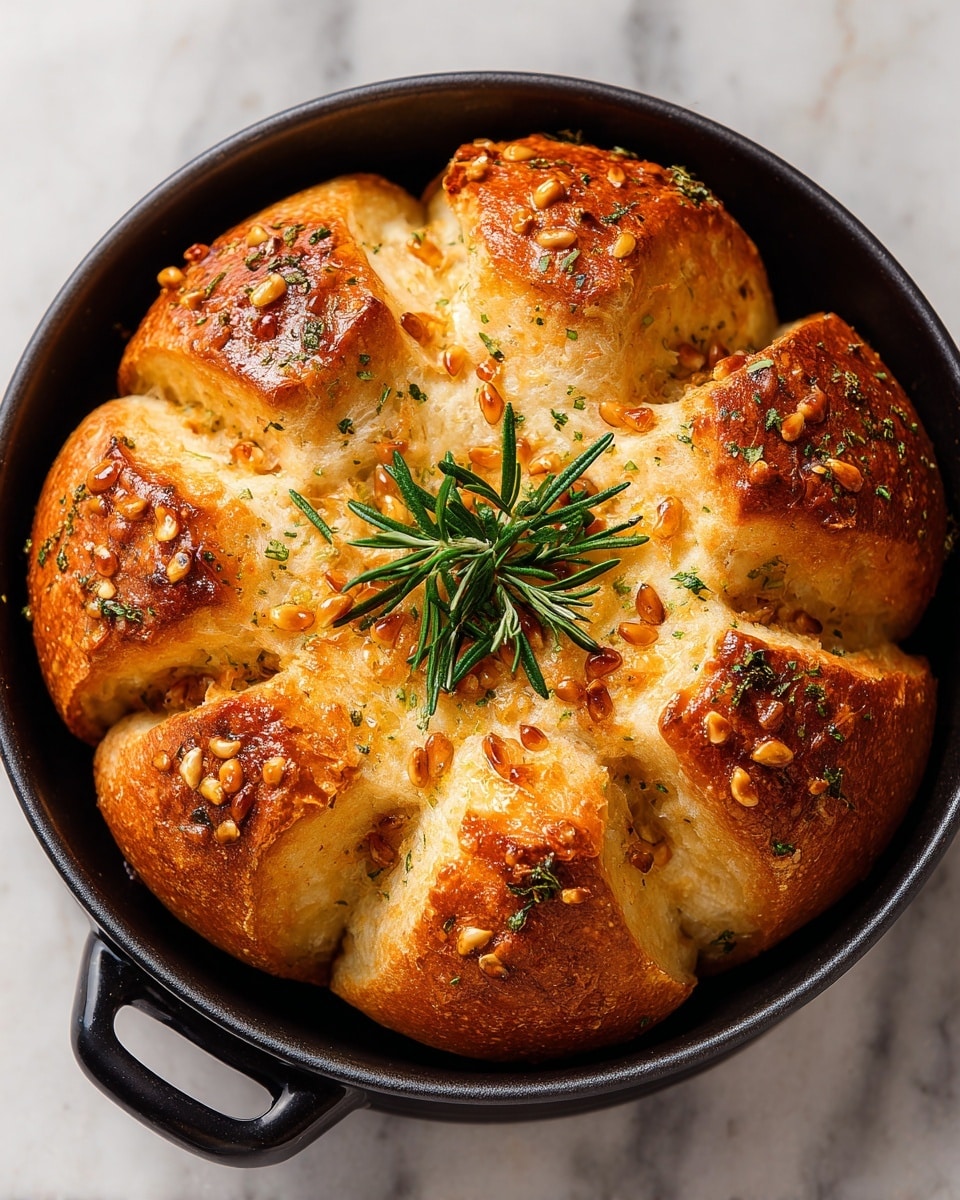 A golden brown bread baked in a round black pan, featuring a flower-like shape with six thick, fluffy petals. The bread top is shiny with a crispy texture, sprinkled with small roasted pine nuts and herbs. A sprig of fresh rosemary is placed in the center, adding a pop of green against the warm, toasted surface. The pan rests on a white marbled surface. photo taken with an iphone --ar 4:5 --v 7